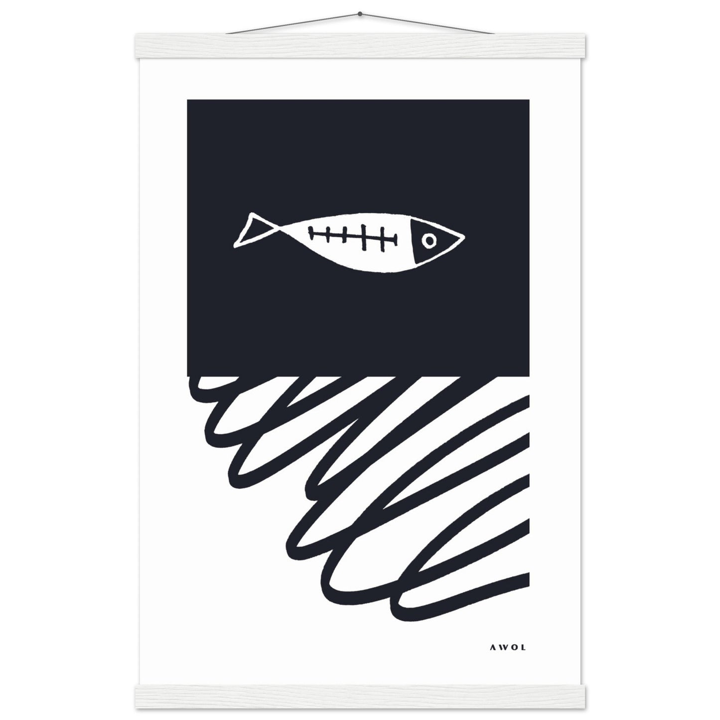 Black And White Abstract Wall Art With Fish And Minimalist Lines: Poster with Hanger - Creations Awol