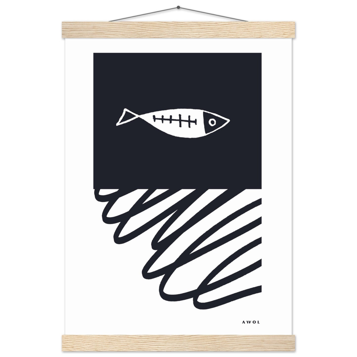 Black And White Abstract Wall Art With Fish And Minimalist Lines: Poster with Hanger - Creations Awol