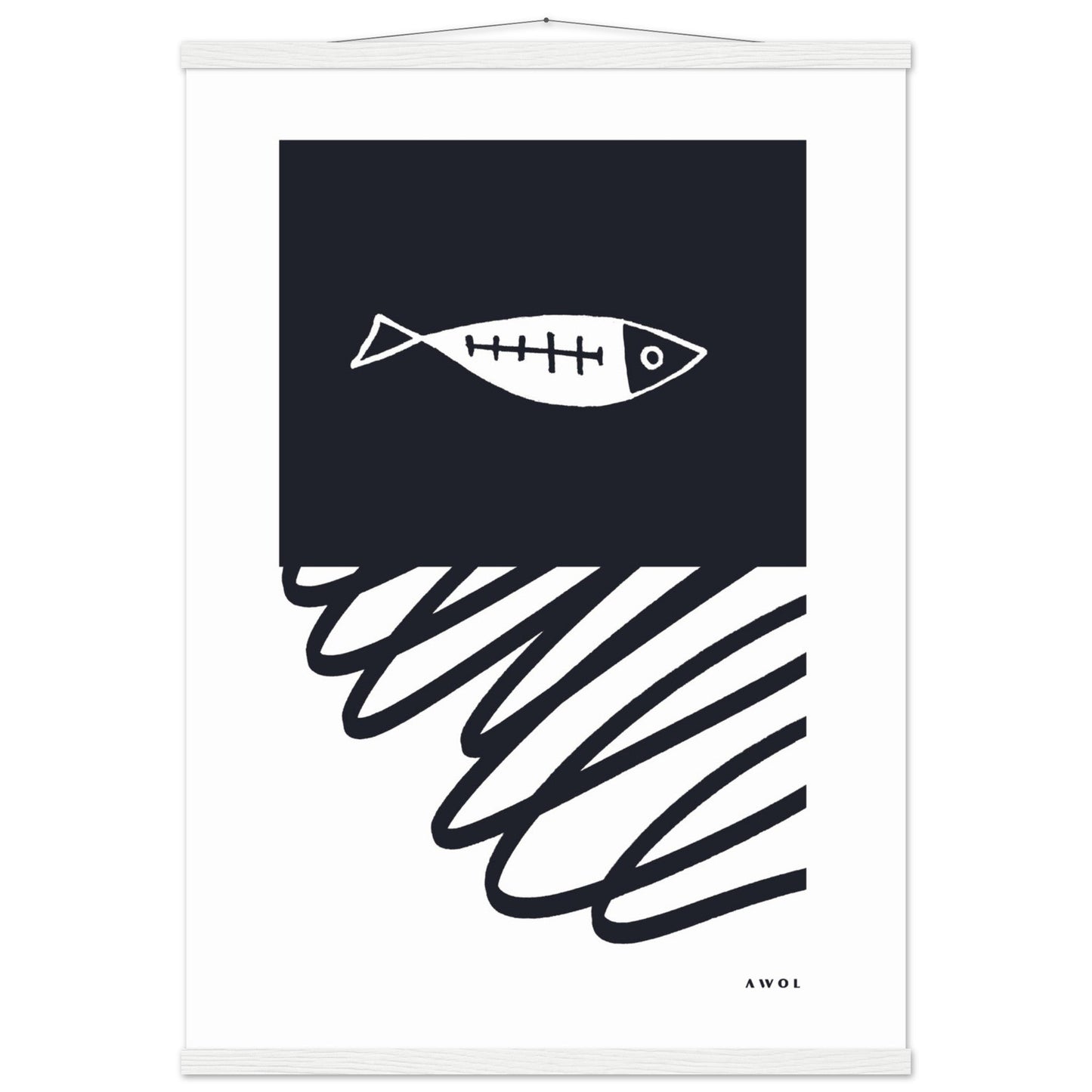 Black And White Abstract Wall Art With Fish And Minimalist Lines: Poster with Hanger - Creations Awol