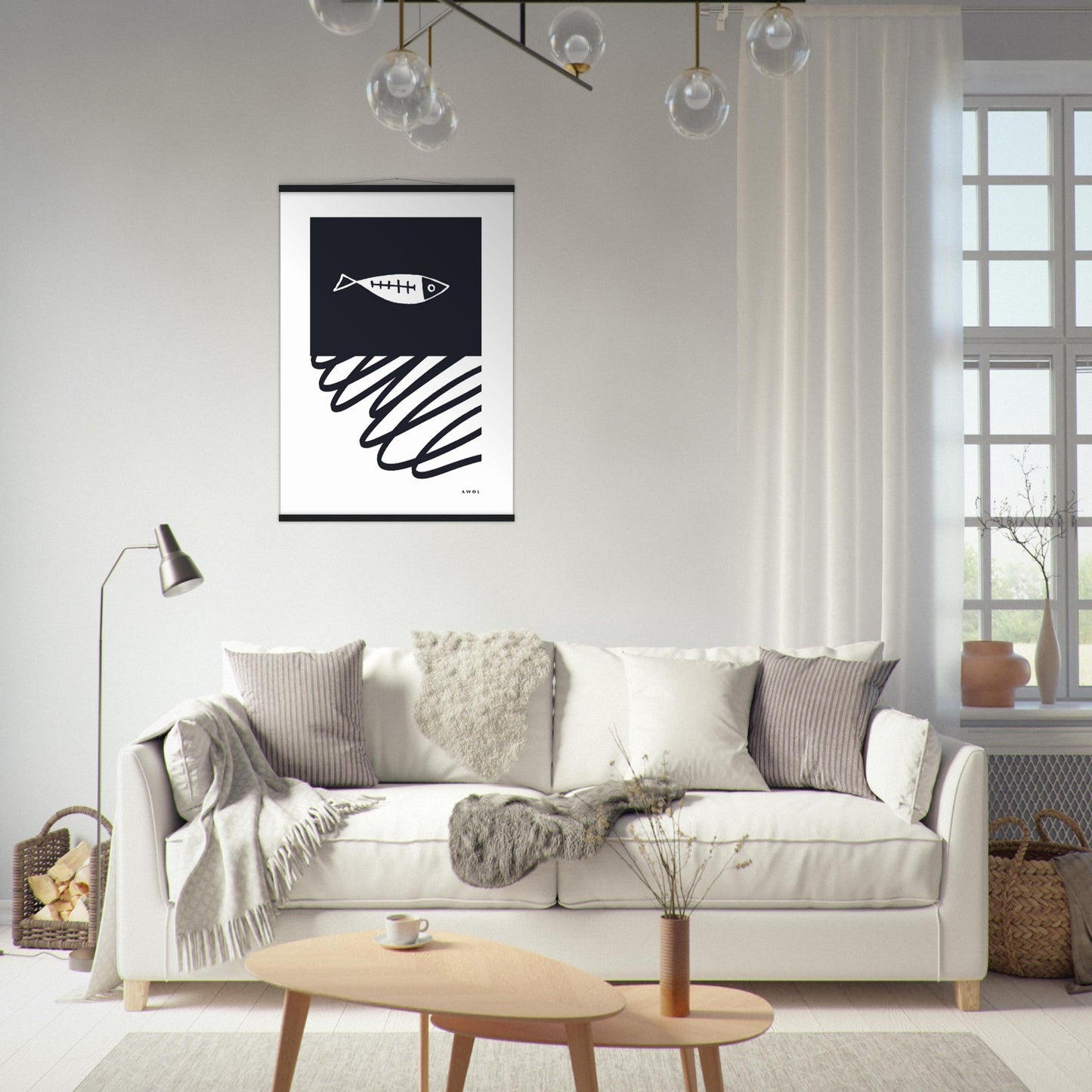 Black And White Abstract Wall Art With Fish And Minimalist Lines: Poster with Hanger - Creations Awol