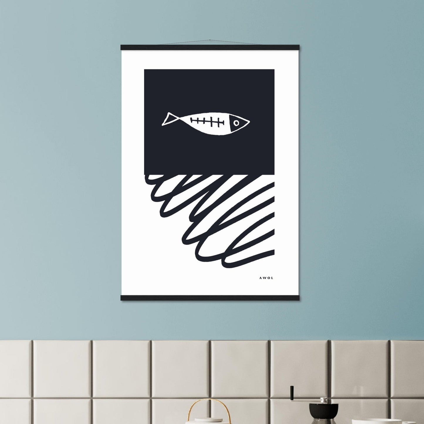 Black And White Abstract Wall Art With Fish And Minimalist Lines: Poster with Hanger - Creations Awol