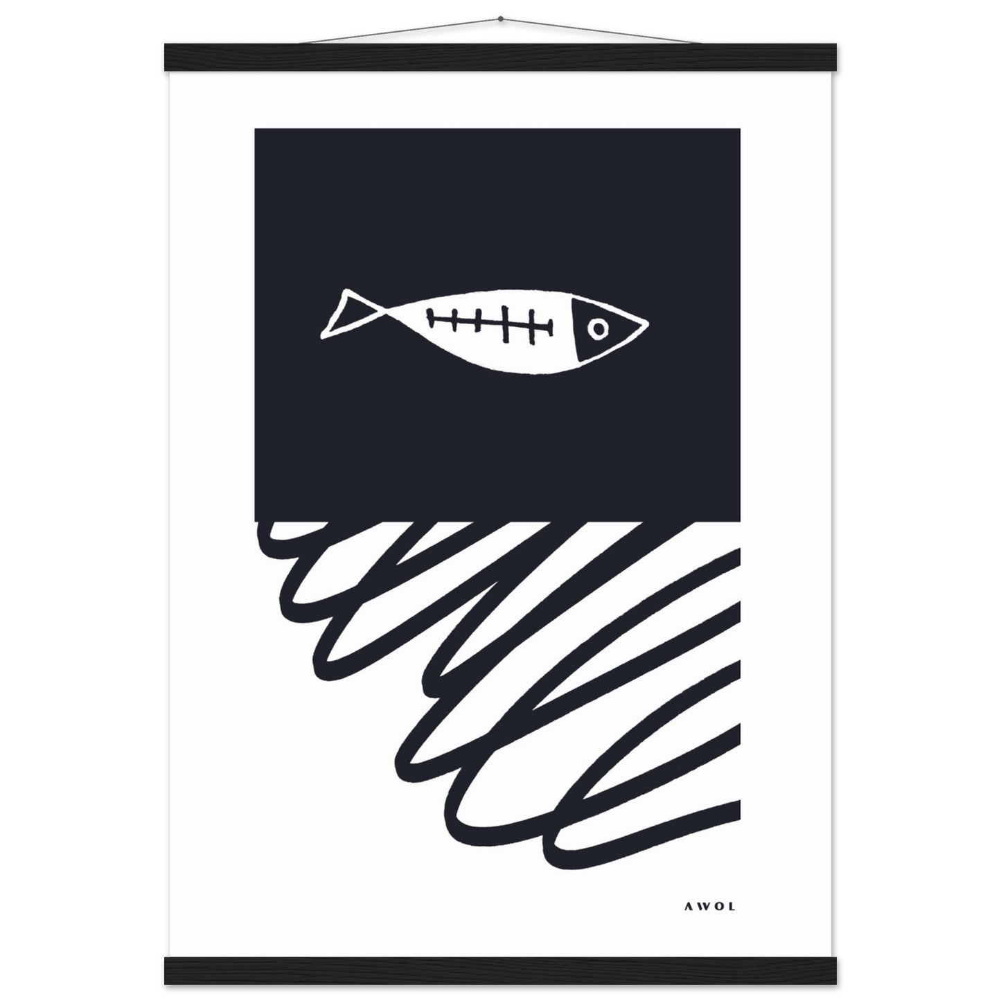 Black And White Abstract Wall Art With Fish And Minimalist Lines: Poster with Hanger - Creations Awol
