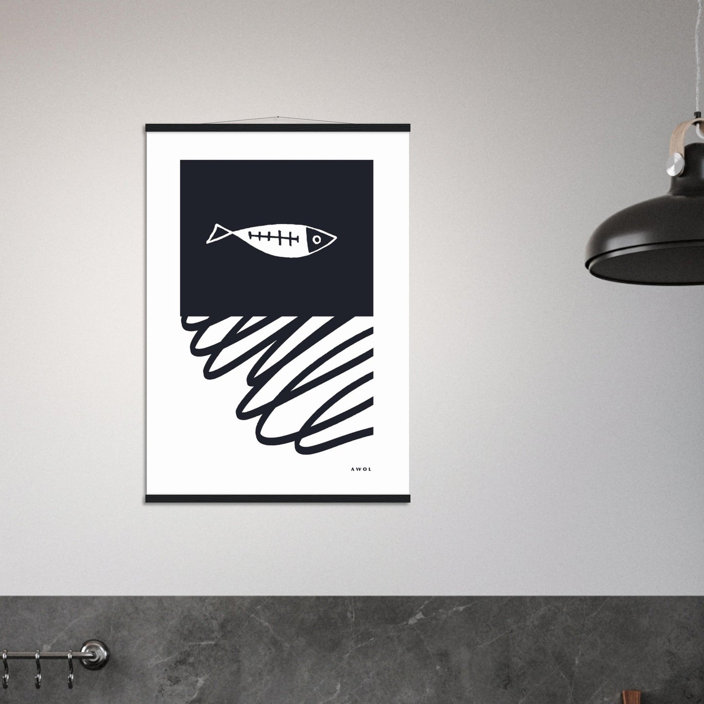 Black And White Abstract Wall Art With Fish And Minimalist Lines: Poster with Hanger - Creations Awol