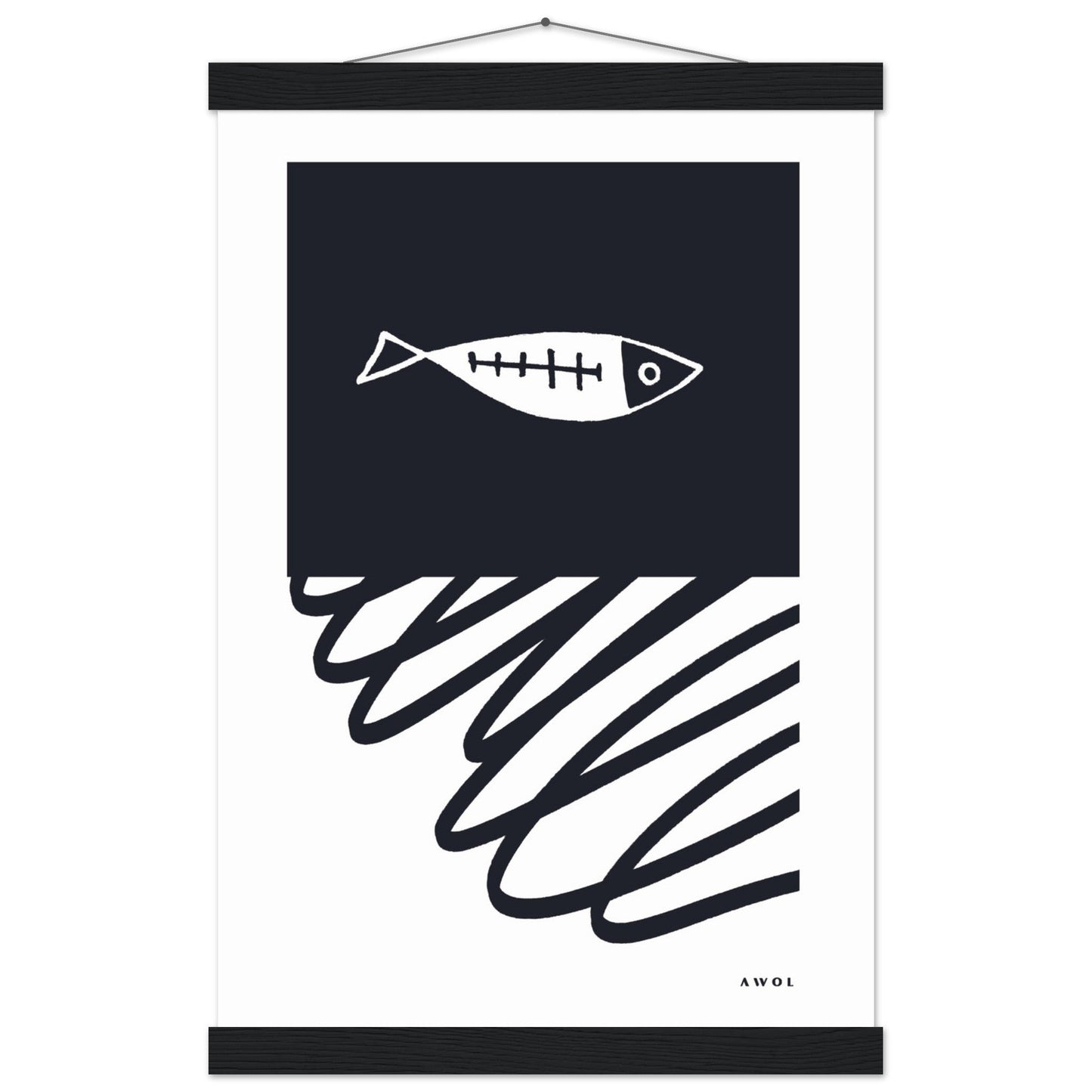 Black And White Abstract Wall Art With Fish And Minimalist Lines: Poster with Hanger - Creations Awol