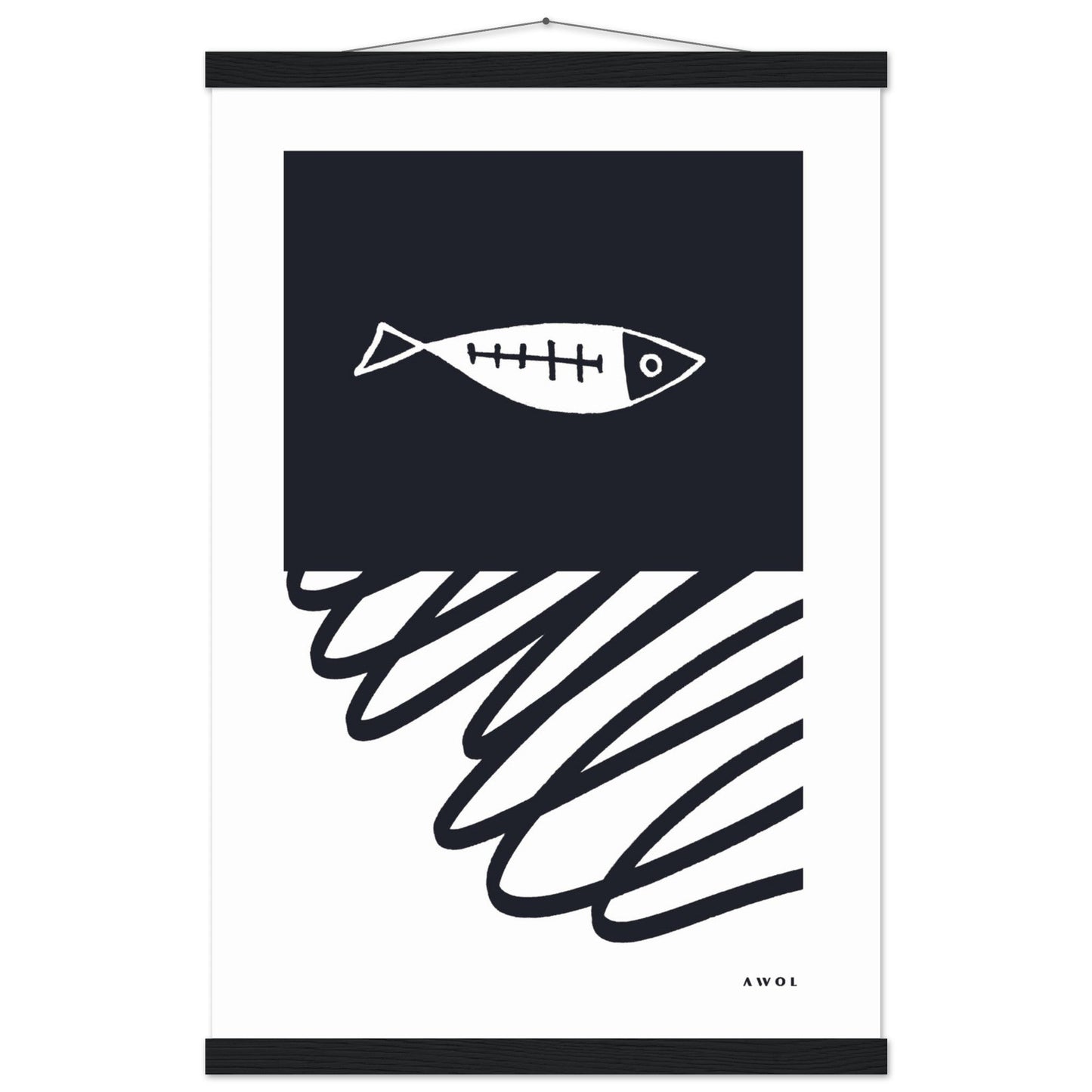 Black And White Abstract Wall Art With Fish And Minimalist Lines: Poster with Hanger - Creations Awol