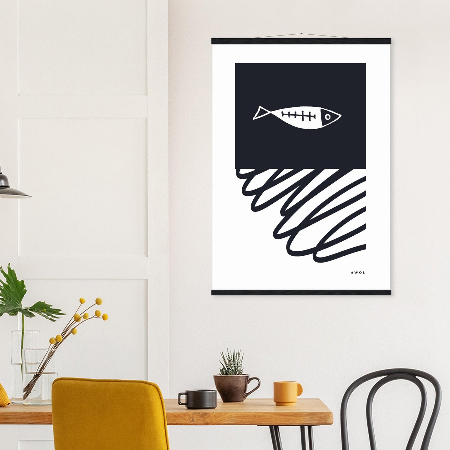 Black And White Abstract Wall Art With Fish And Minimalist Lines: Poster with Hanger - Creations Awol