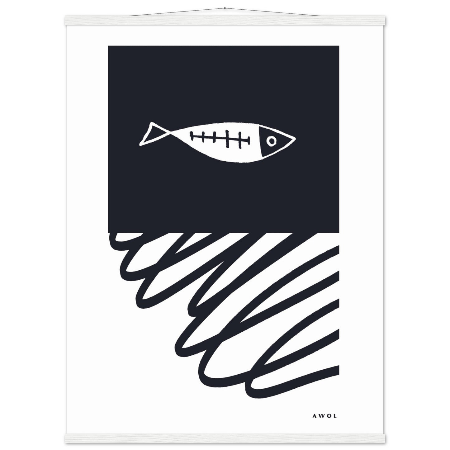 Black And White Abstract Wall Art With Fish And Minimalist Lines: Poster with Hanger - Creations Awol