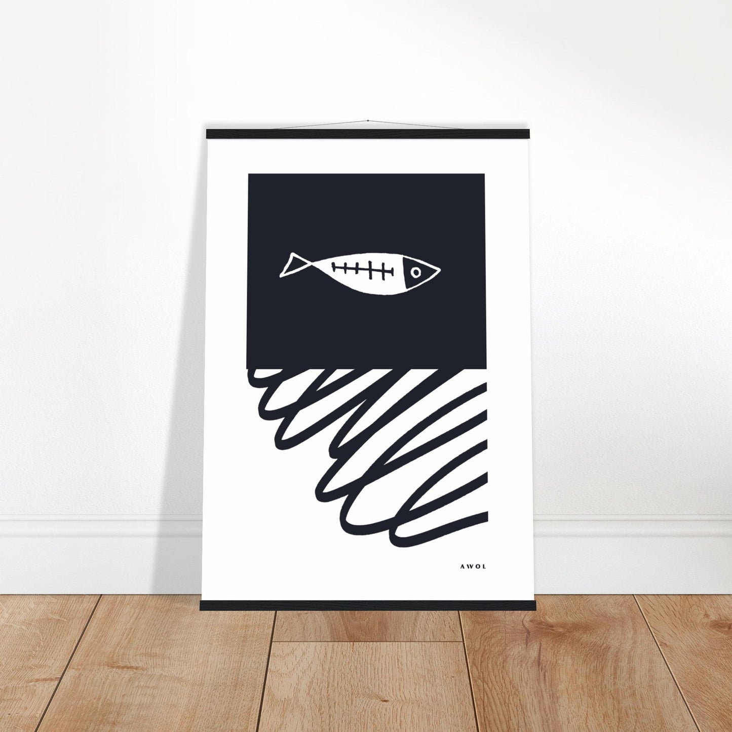 Black And White Abstract Wall Art With Fish And Minimalist Lines: Poster with Hanger - Creations Awol