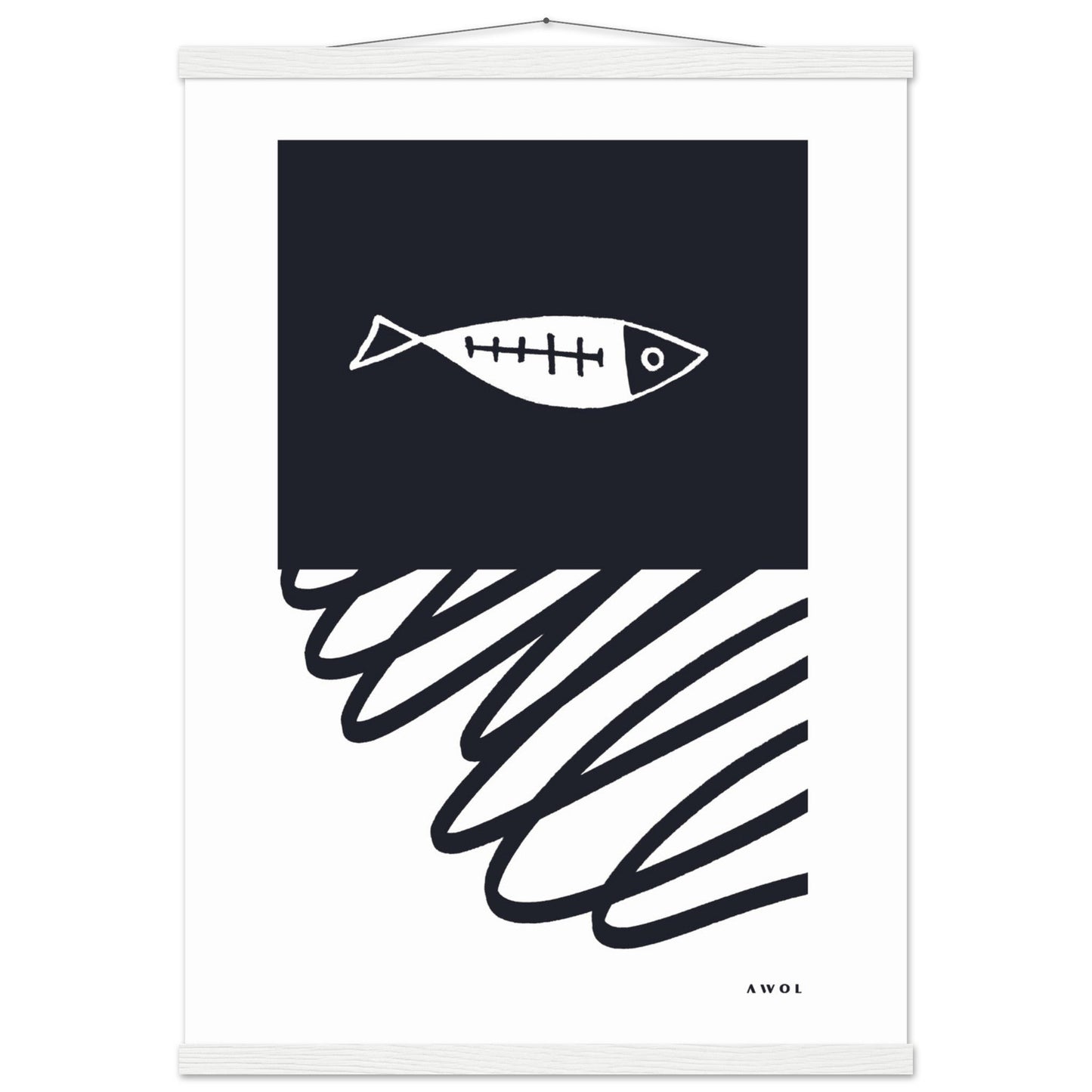 Black And White Abstract Wall Art With Fish And Minimalist Lines: Poster with Hanger - Creations Awol