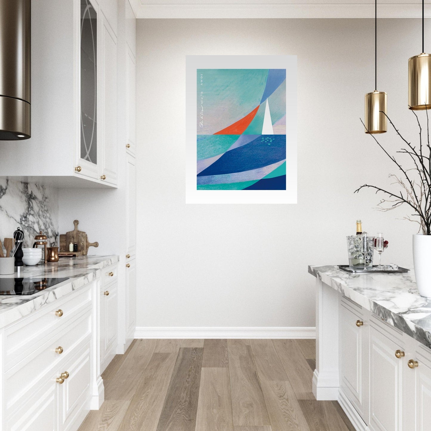 Blue Abstract Art With White Sailboat And Sunrise On the Mediterranean Sea: Poster Print - Creations Awol