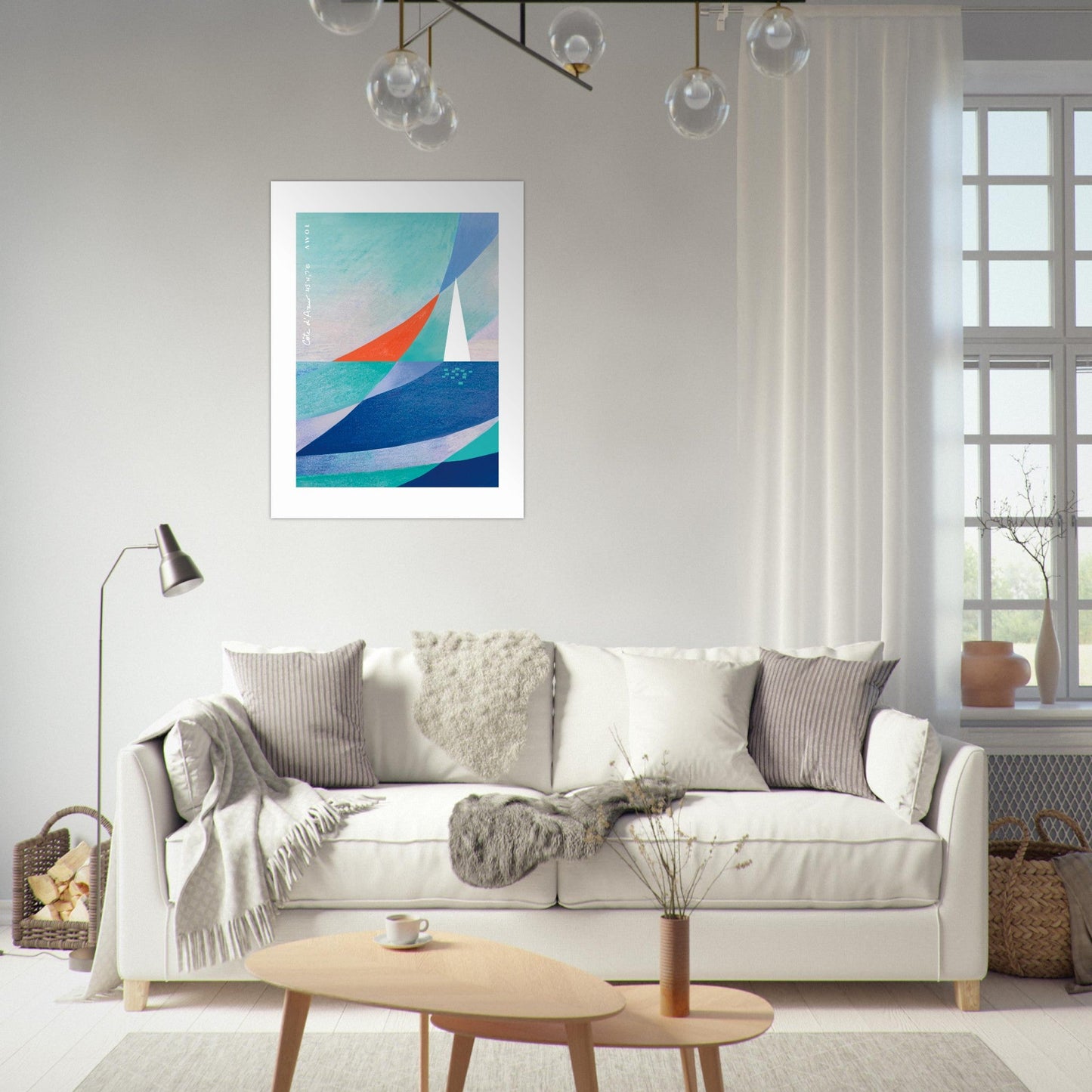 Blue Abstract Art With White Sailboat And Sunrise On the Mediterranean Sea: Poster Print - Creations Awol