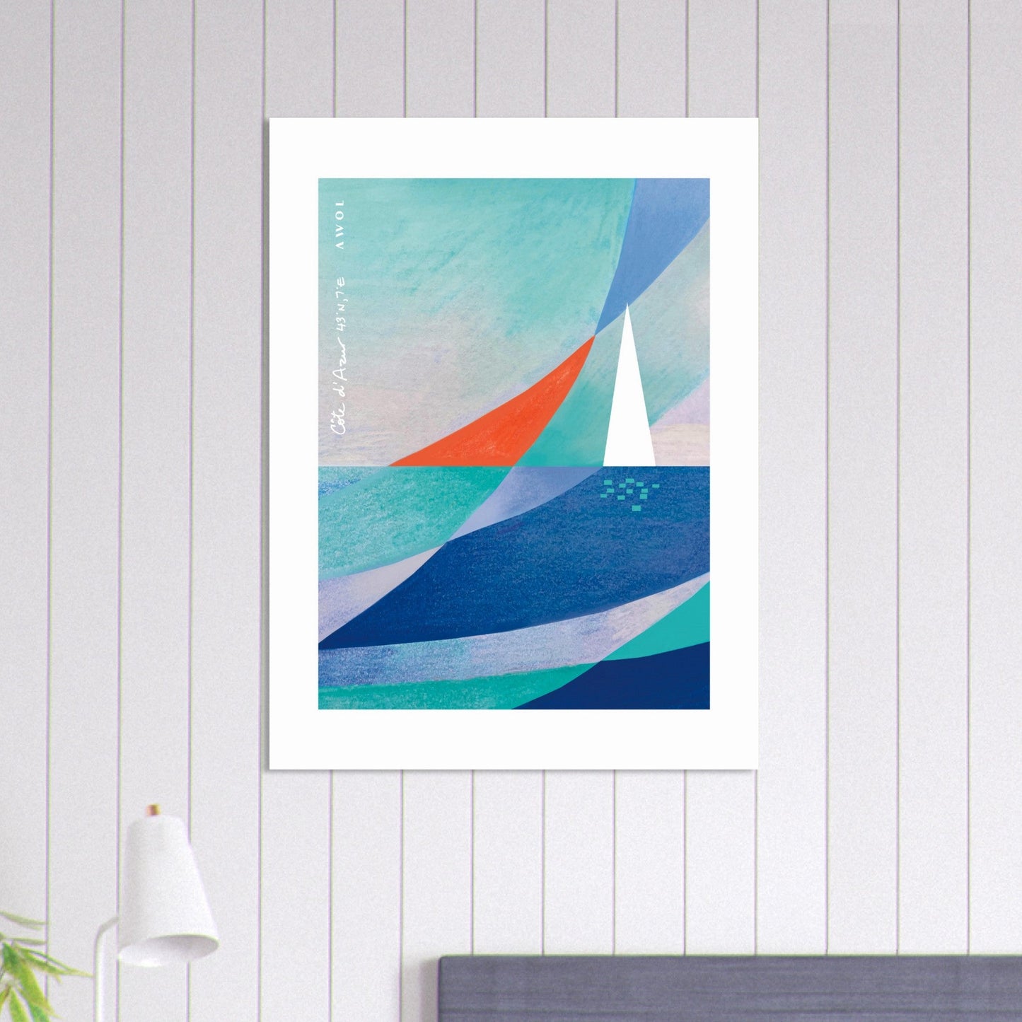 Blue Abstract Art With White Sailboat And Sunrise On the Mediterranean Sea: Poster Print - Creations Awol