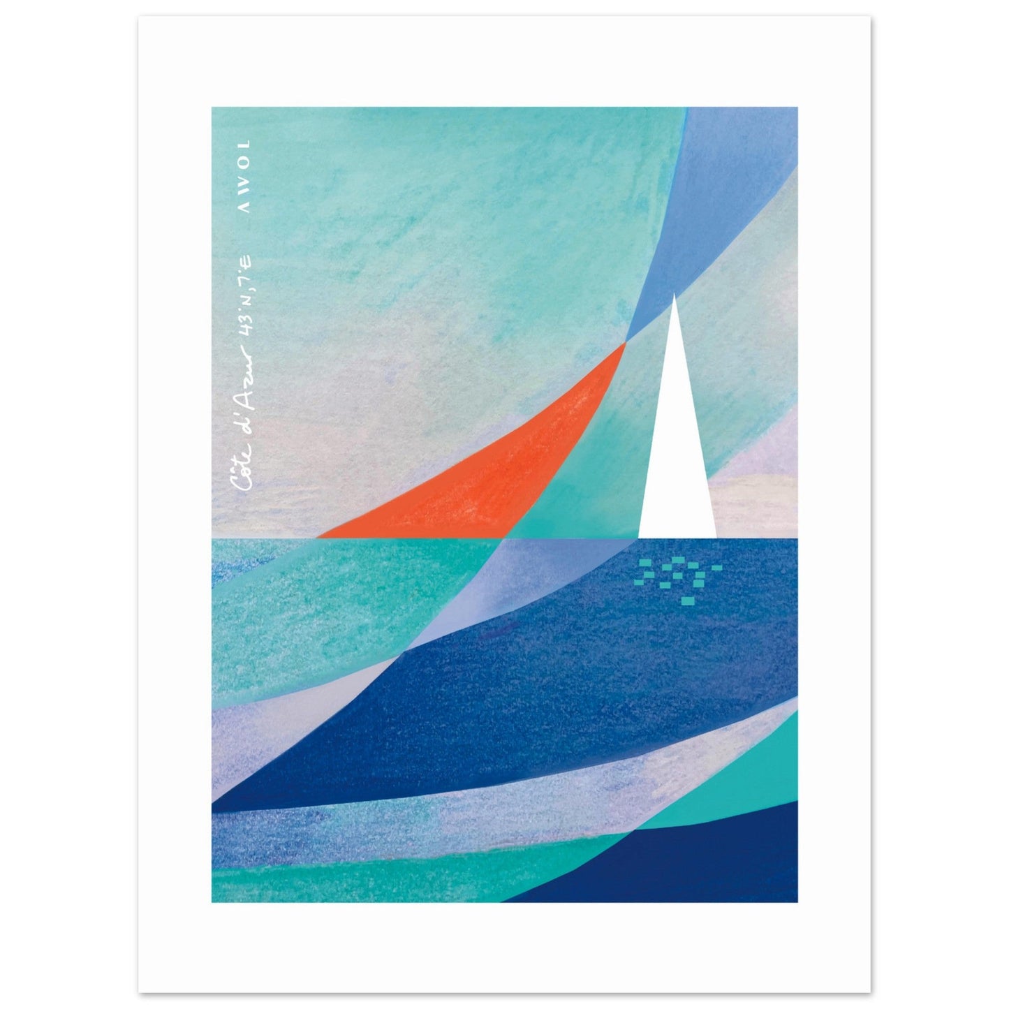 Blue Abstract Art With White Sailboat And Sunrise On the Mediterranean Sea: Poster Print - Creations Awol