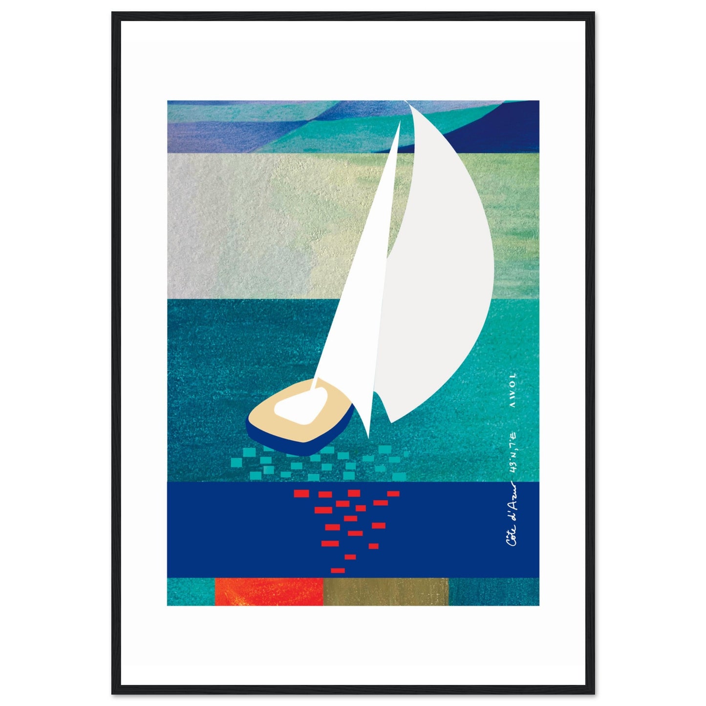 White Sailboat At Sunset On The Sea With Graphic Reflection: French Rivera: Classic Matte Paper Wooden Framed Poster