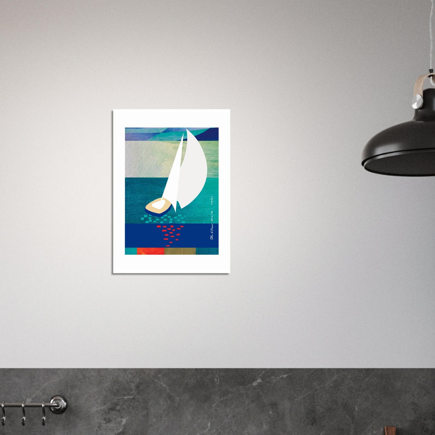 White Sailboat At Sunset On The Sea With Graphic Reflection: French Rivera Aluminum Print