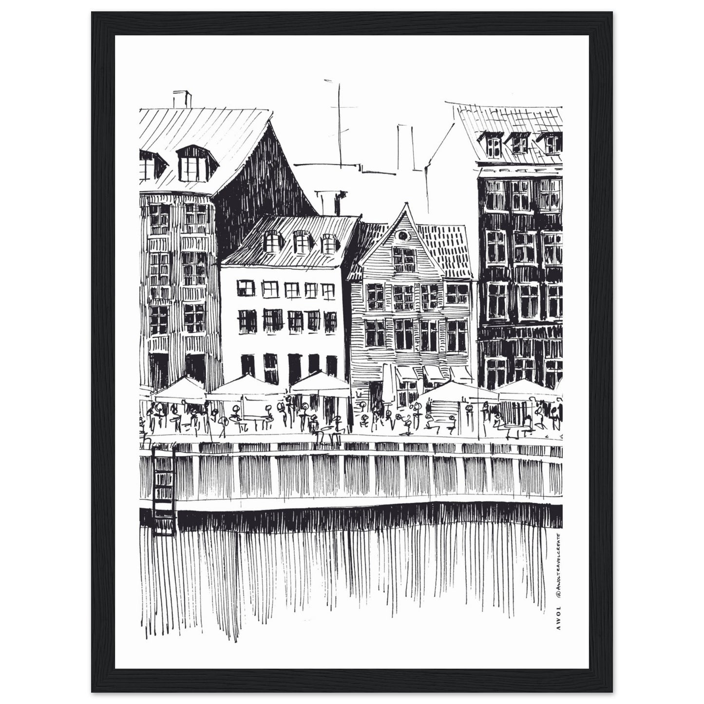 Saturday Afternoon With Cafés And Historic Houses In Copenhagen, Wooden Framed Art Print On Premium Paper