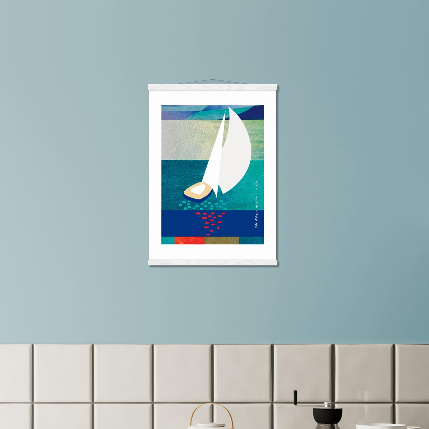 White Sailboat At Sunset On The Sea With Graphic Reflection: French Rivera Classic Matte Paper Poster with Hanger