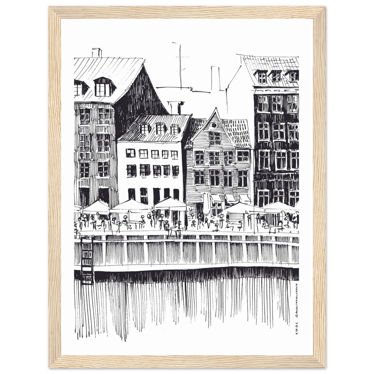 Saturday Afternoon With Cafés And Historic Houses In Copenhagen, Wooden Framed Art Print On Premium Paper