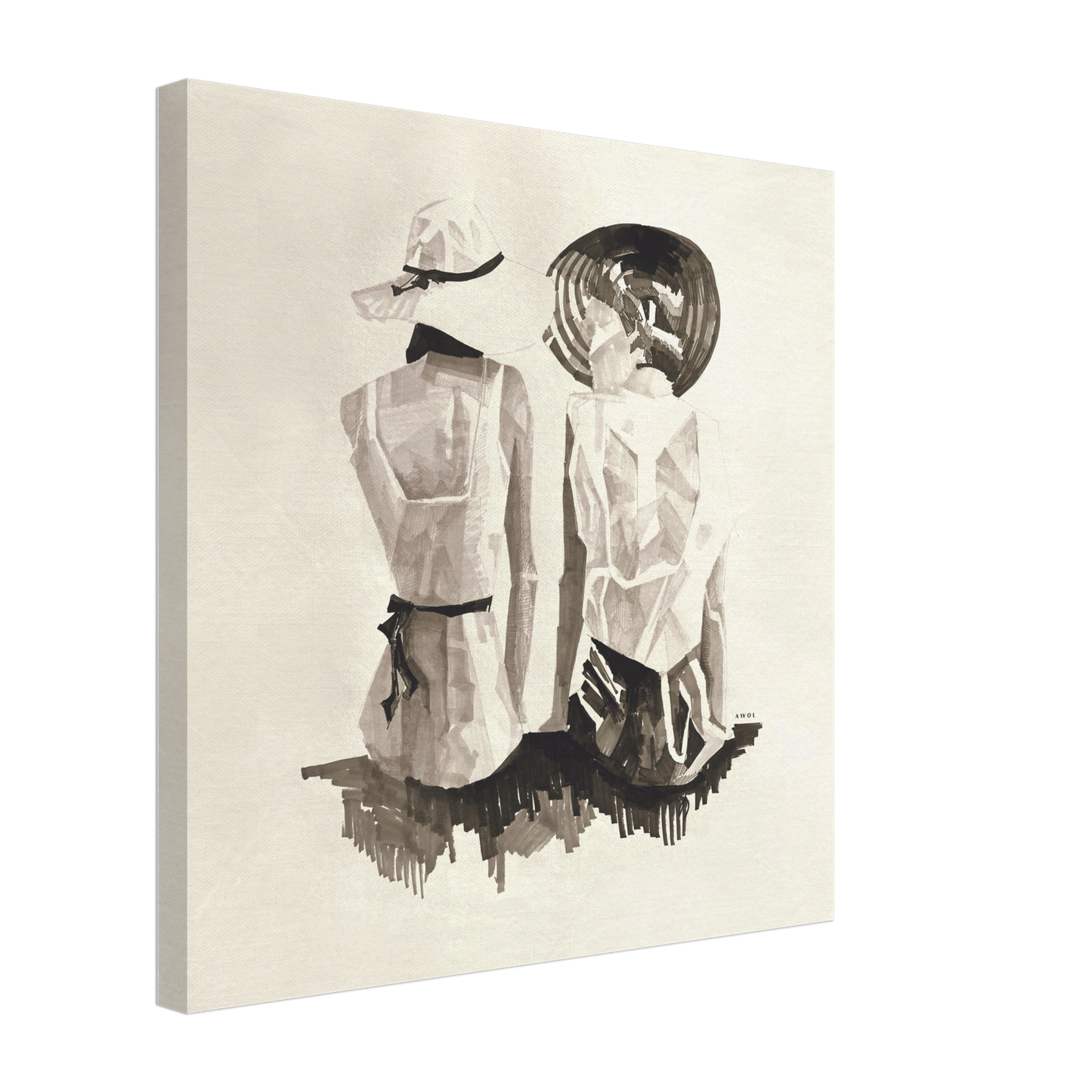 Mediterranean Elegance: Two Women In Hats On The Beach Looking At The Sea, Large Monochrome Canvas Art