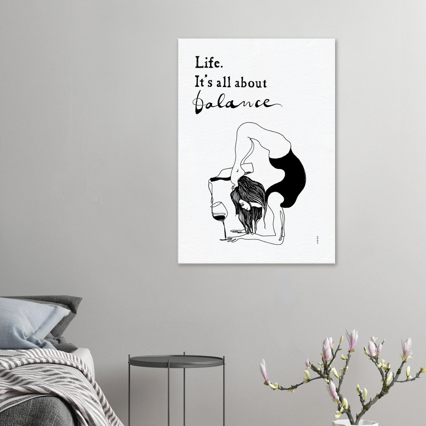 Life Is All About Balance: Modern Yoga Art, Quote and Wine, Art Print On Canvas