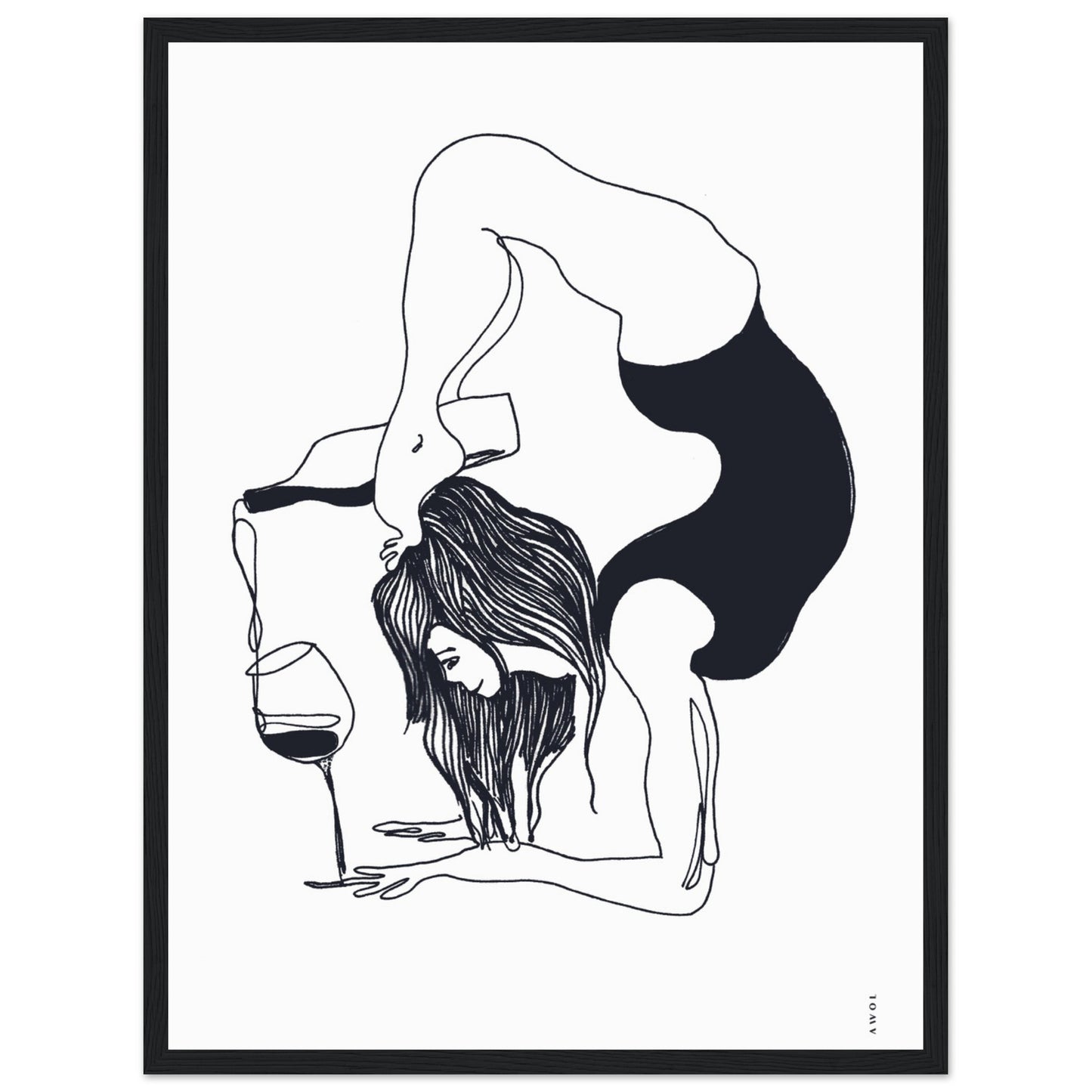 Funny Black And White Yoga Art Print In Wooden Frame With Wine And Balance Yoga Pose