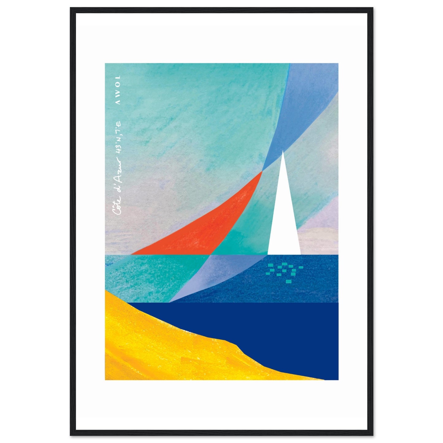 Sea And Sailboat Abstraction Art Of The Mediterranean Sea, French Riviera Nautical Art Print: Wooden Framed Poster Print