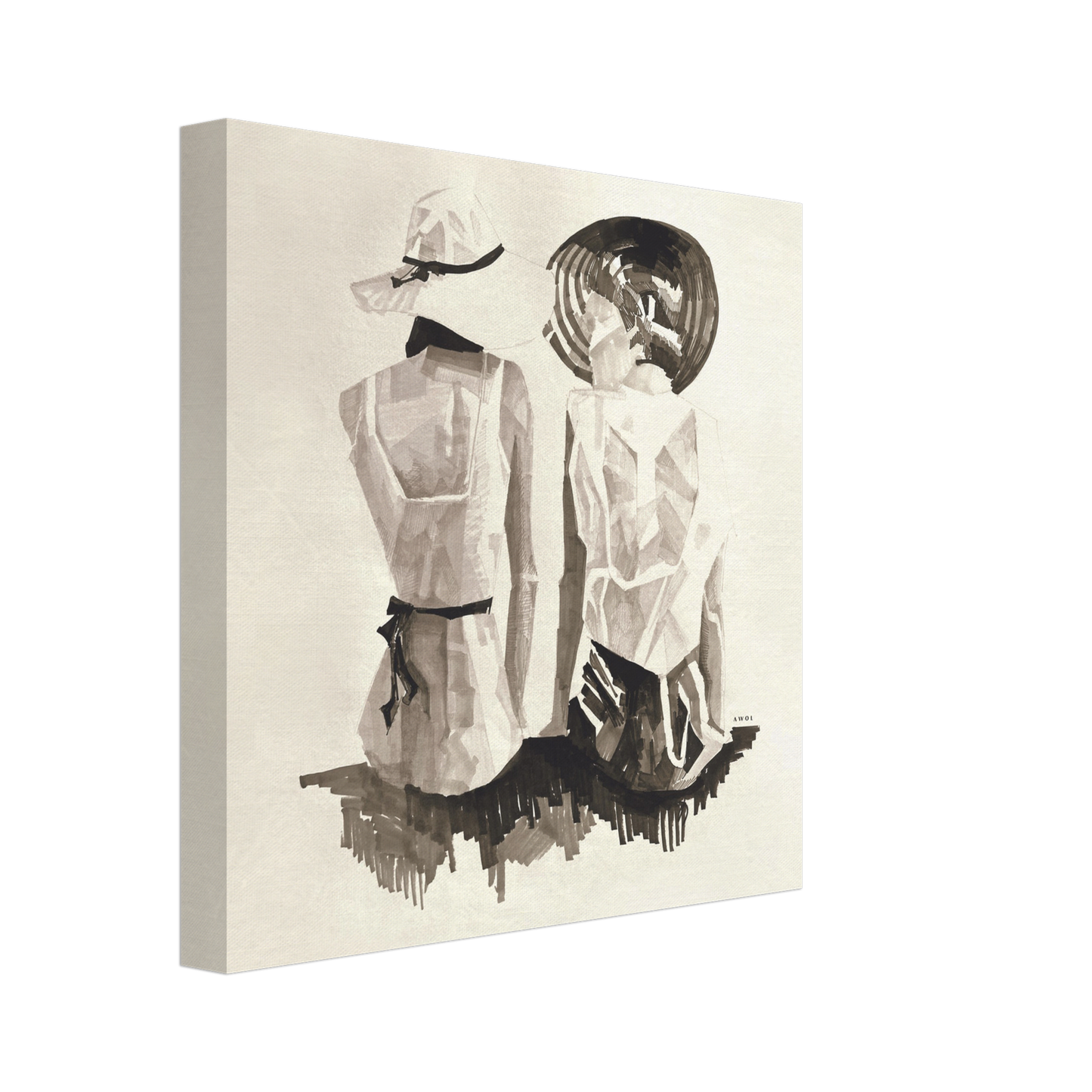 Mediterranean Elegance: Two Women In Hats On The Beach Looking At The Sea, Large Monochrome Canvas Art