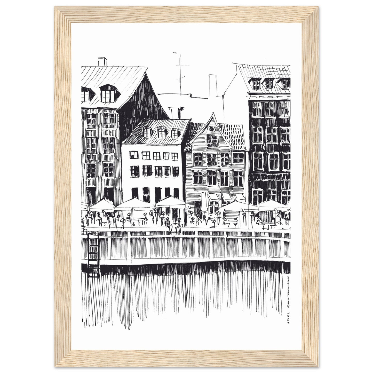 Saturday Afternoon With Cafés And Historic Houses In Copenhagen, Wooden Framed Art Print On Premium Paper