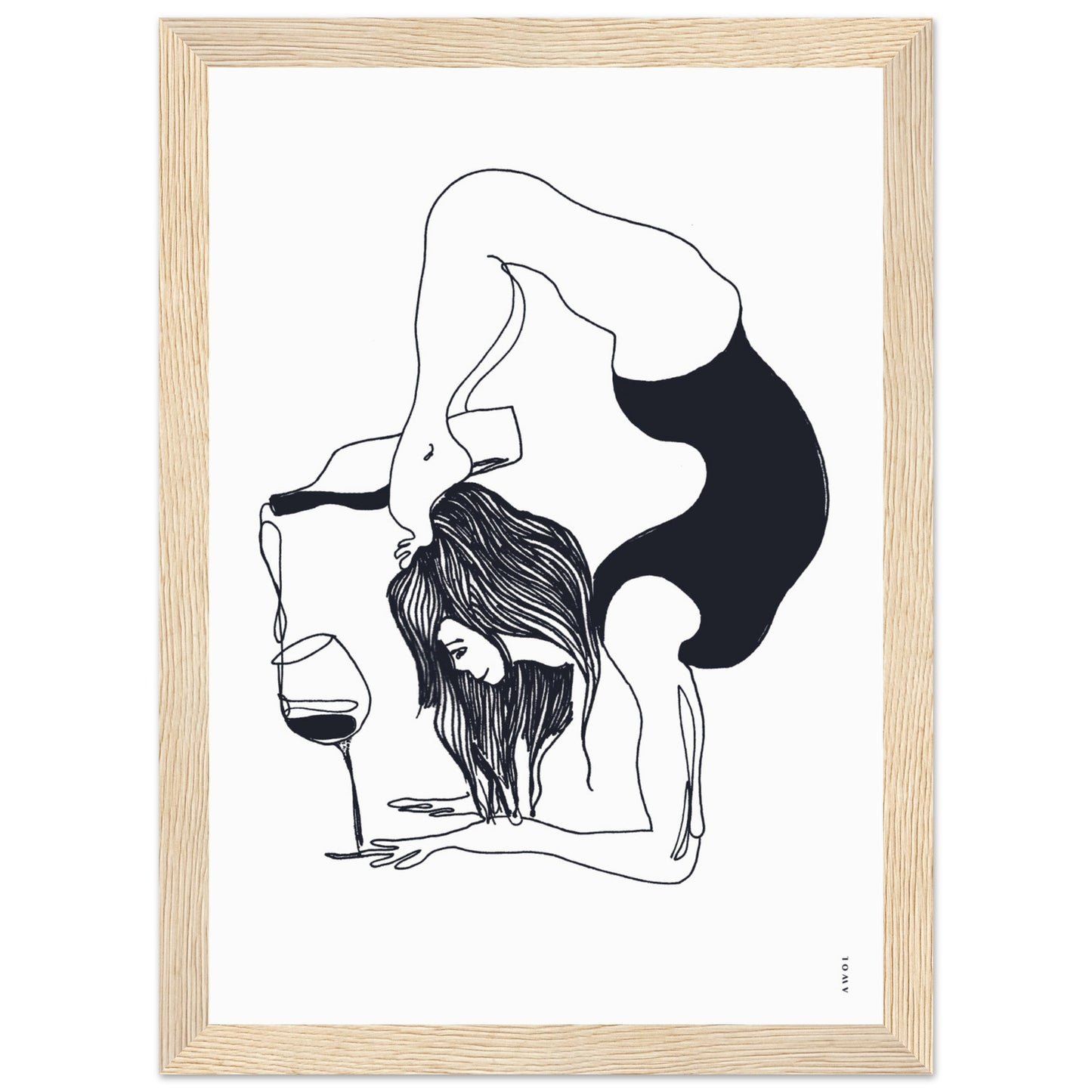 Funny Black And White Yoga Art Print In Wooden Frame With Wine And Balance Yoga Pose