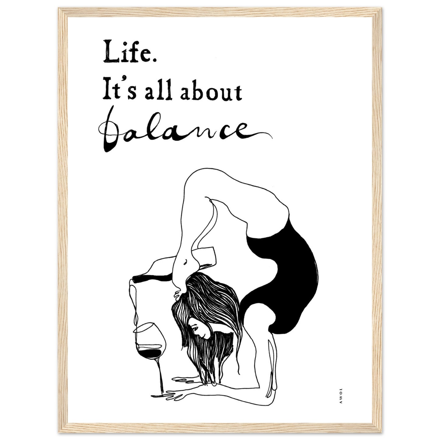 Yoga Art Print With Yoga Pose, Wine And Balance: Framed Art Print
