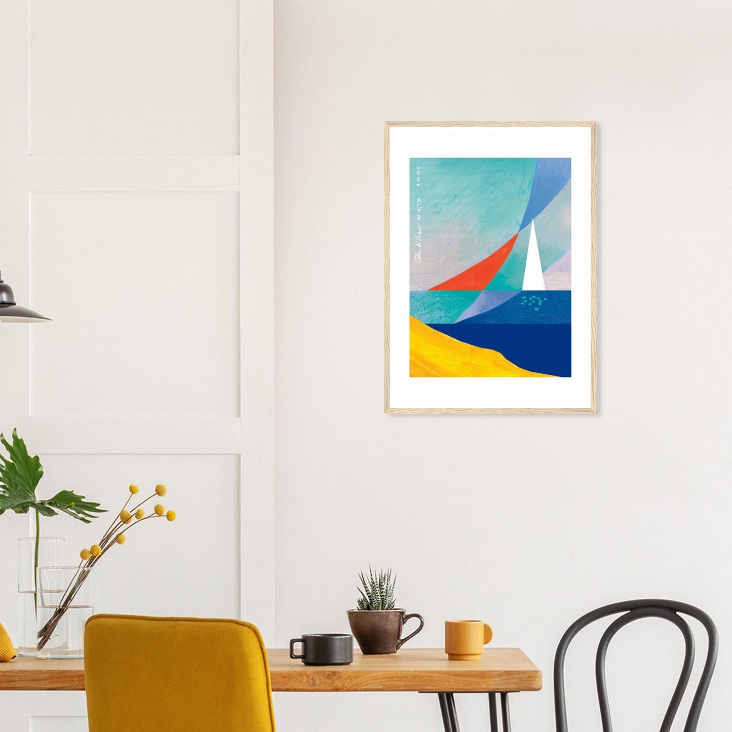 Sea And Sailboat Abstraction Art Of The Mediterranean Sea, French Riviera Nautical Art Print: Wooden Framed Poster Print