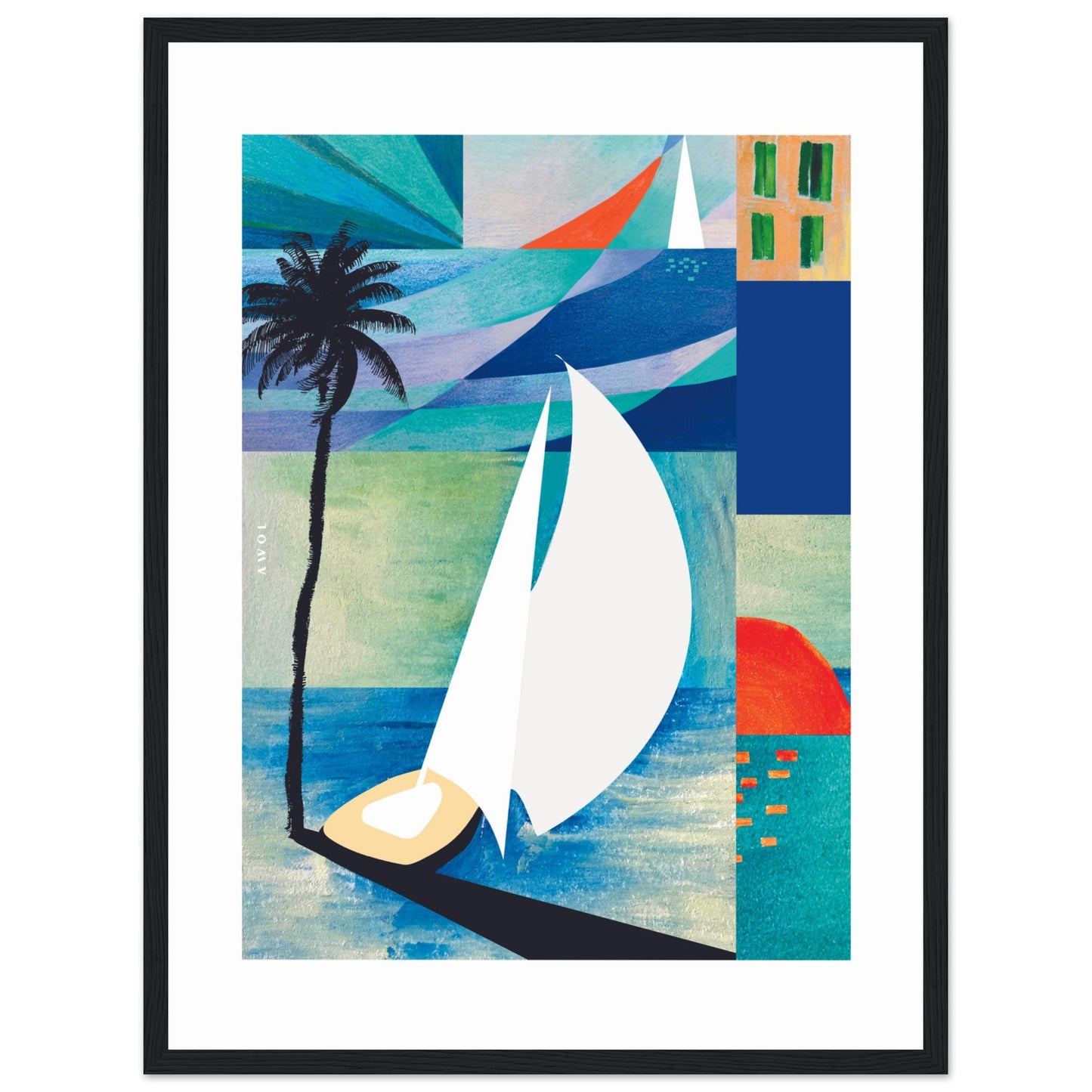 Sunrise, Sailboat And Palm Tree Beach, Sea Art : Framed Art Print