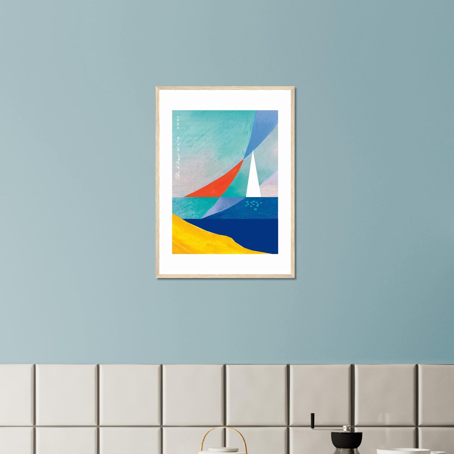 Sea And Sailboat Abstraction Art Of The Mediterranean Sea, French Riviera Nautical Art Print: Wooden Framed Poster Print