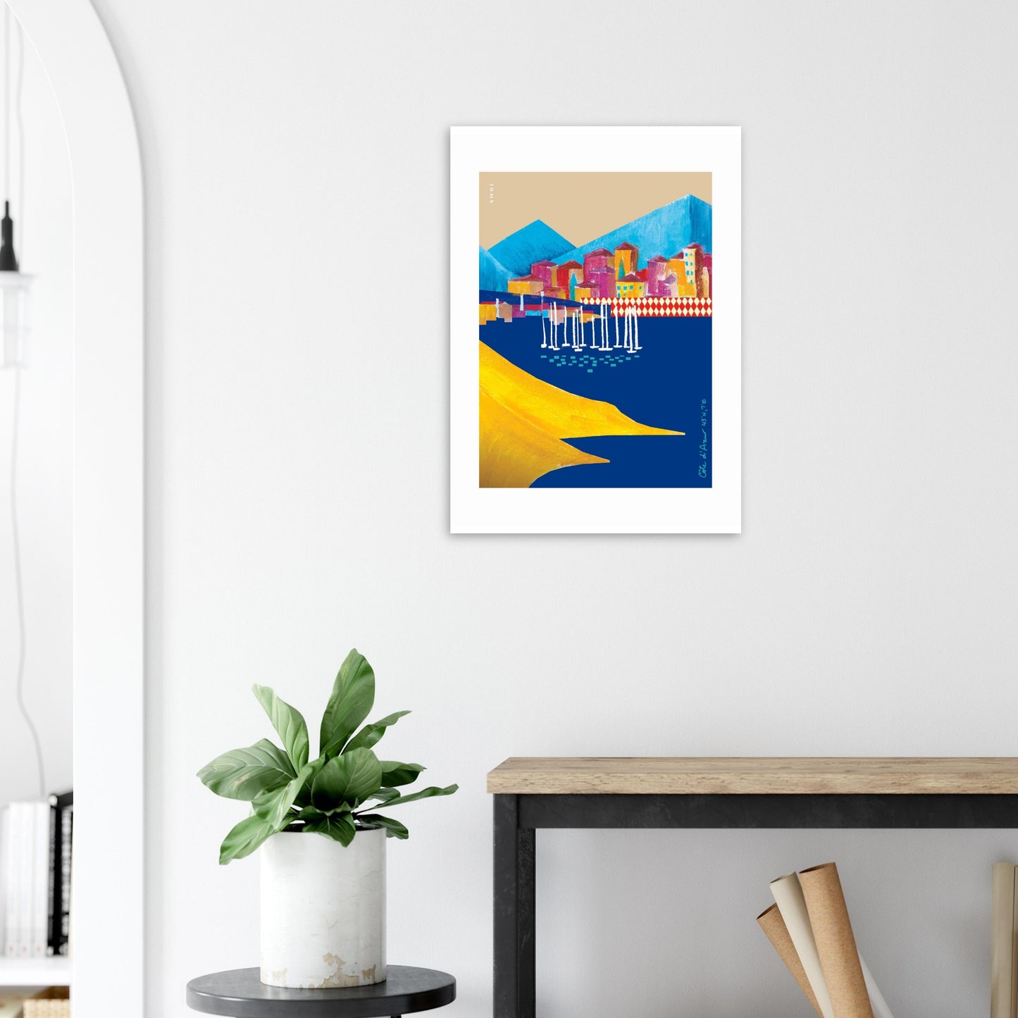 Colourful Seaside Landscape Art, Travel Poster Of The French Riviera: Aluminum Art Print