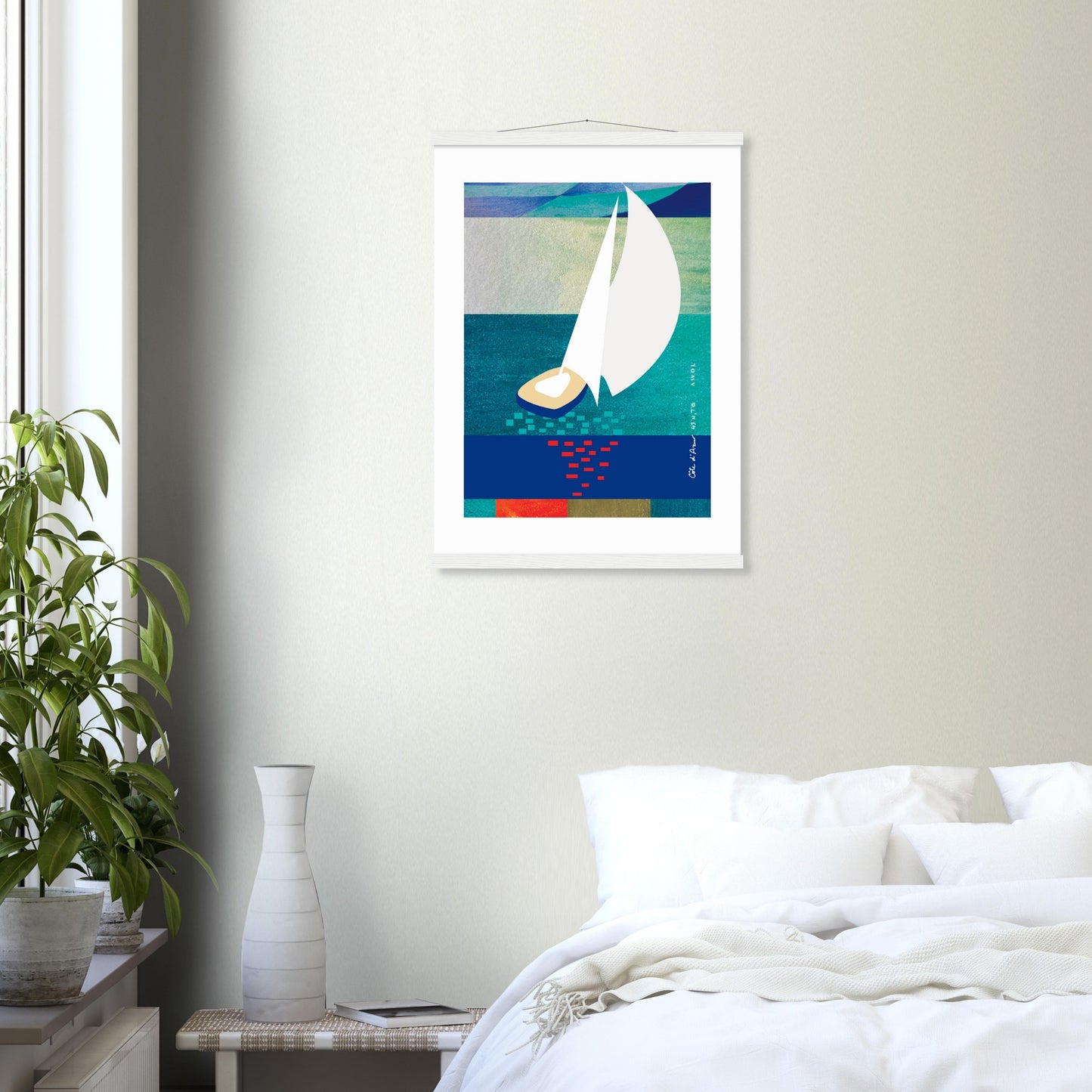 White Sailboat At Sunset On The Sea With Graphic Reflection: French Rivera Classic Matte Paper Poster with Hanger