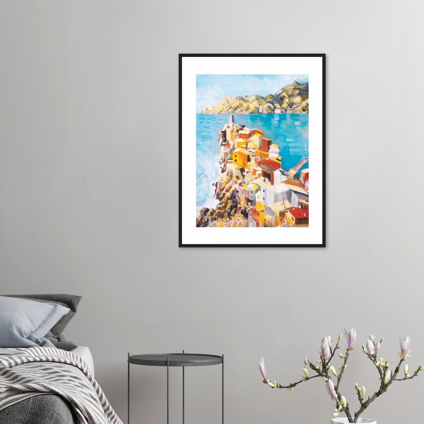 Colourful Town On A Cliff By The Sea In Italy: Italian Riviera Framed Art Print