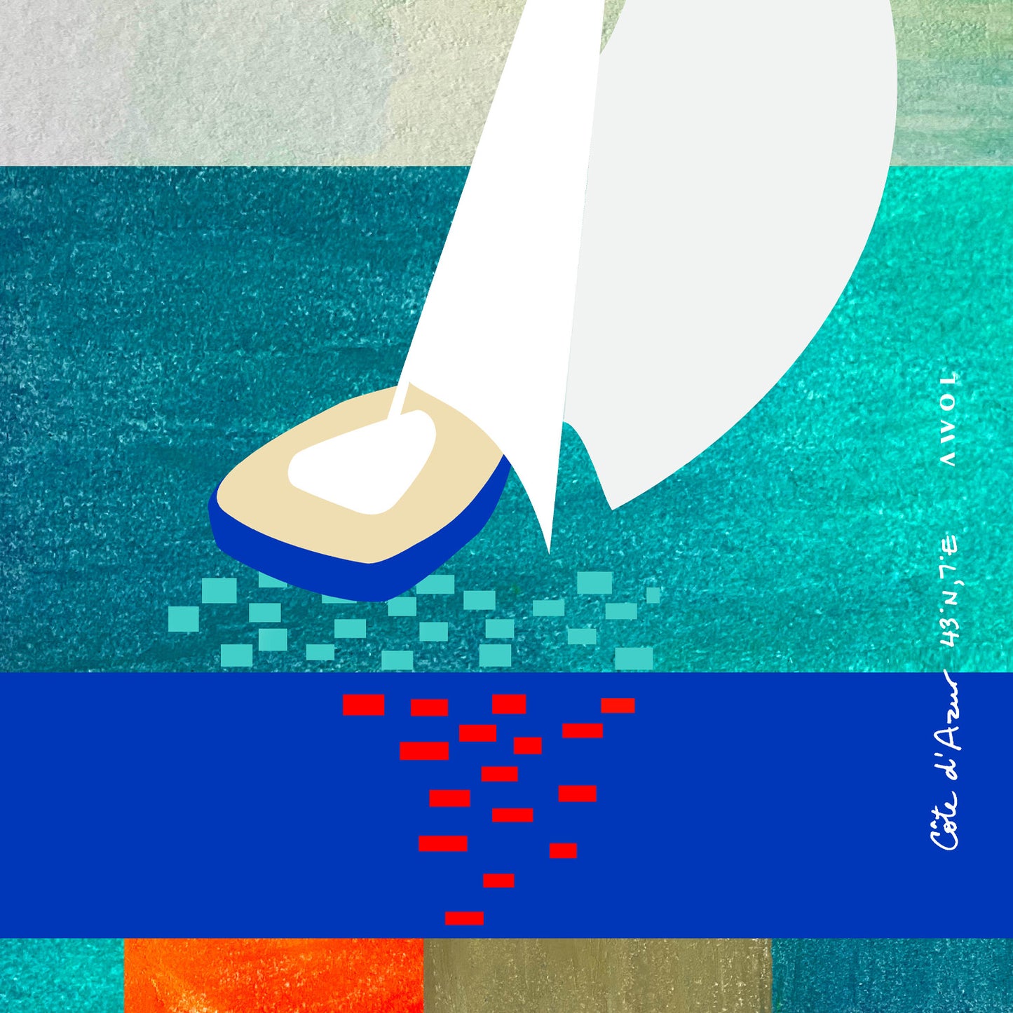 White Sailboat At Sunset On The Sea With Graphic Reflection: French Rivera Classic Matte Paper Poster