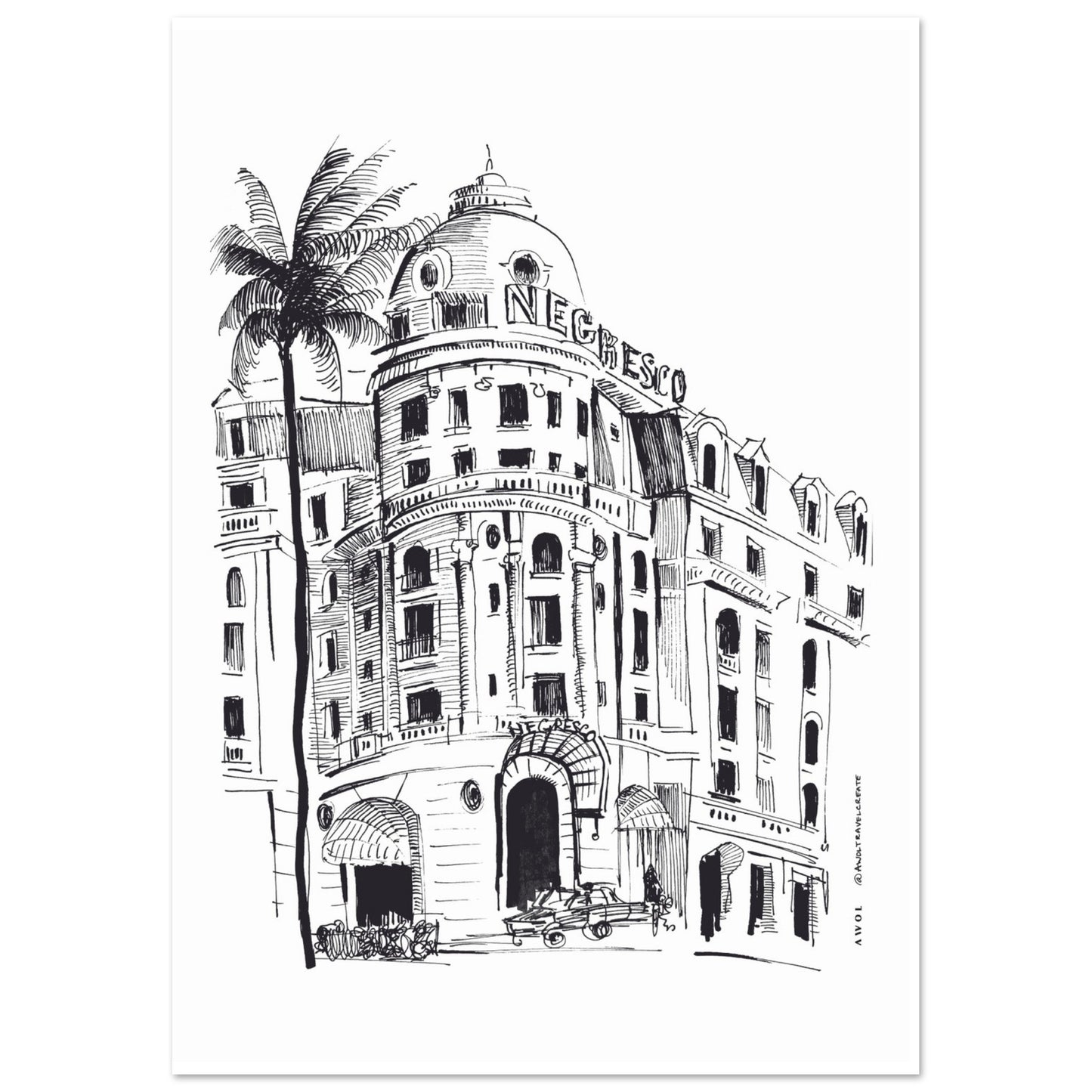 French Riviera Glamour With Palm Trees Art Print: Negresco Hotel Poster Print
