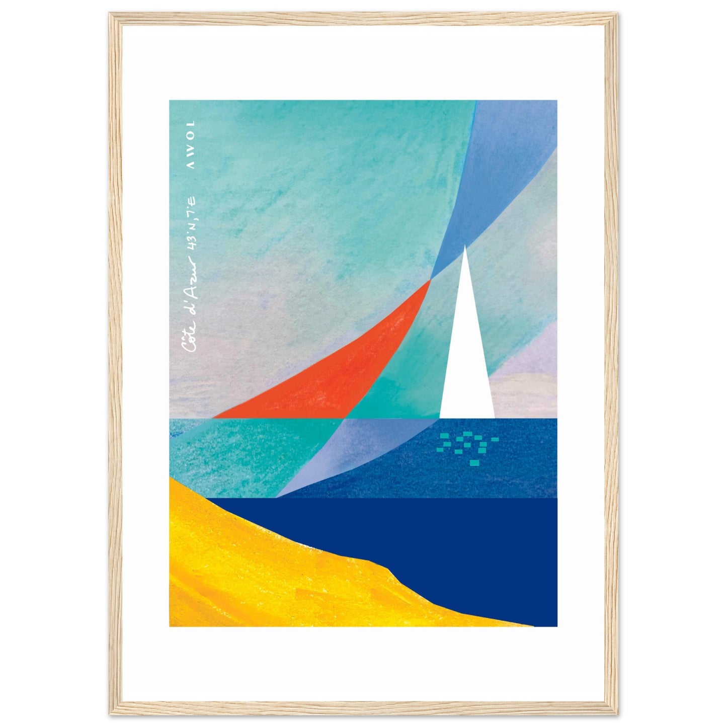 Sea And Sailboat Abstraction Art Of The Mediterranean Sea, French Riviera Nautical Art Print: Wooden Framed Poster Print