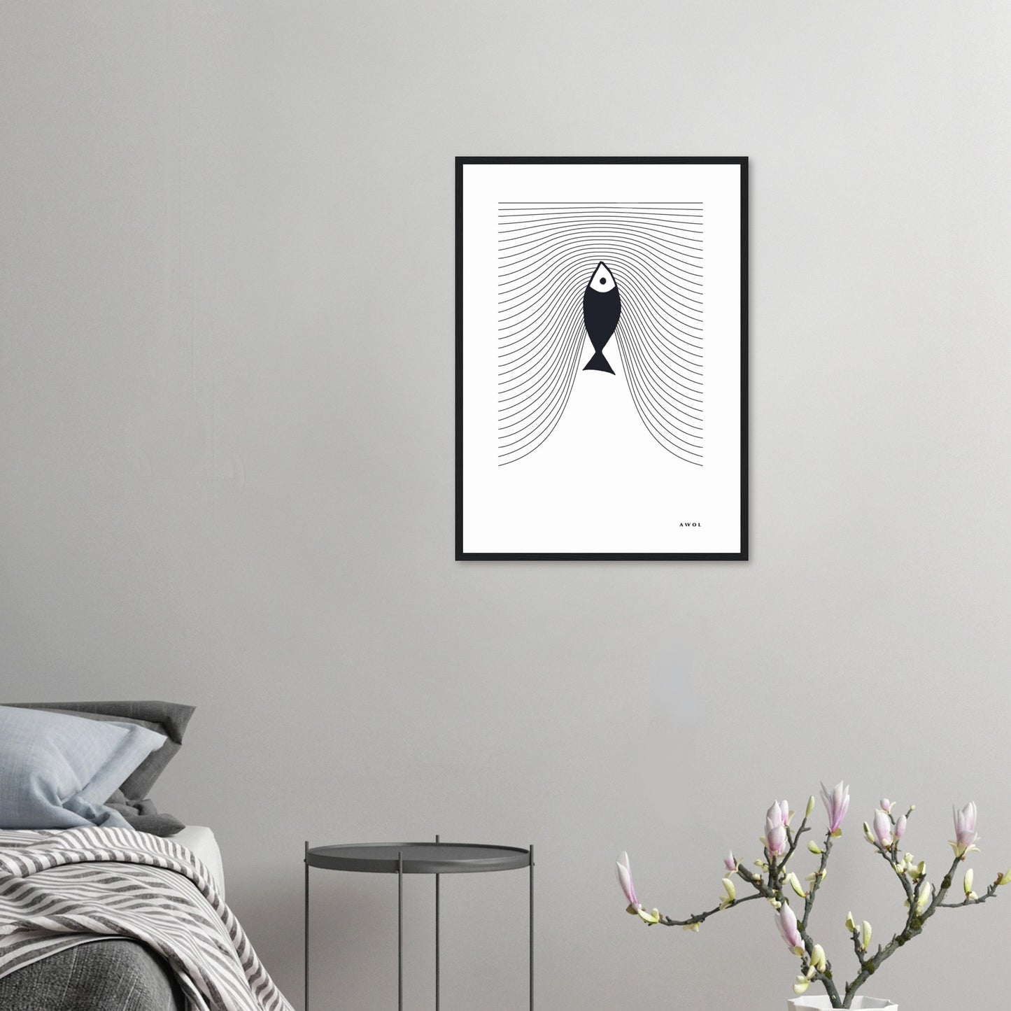 Minimalist Fish Swimming Upstream, Scandinavian Wall Art, Framed Art Print