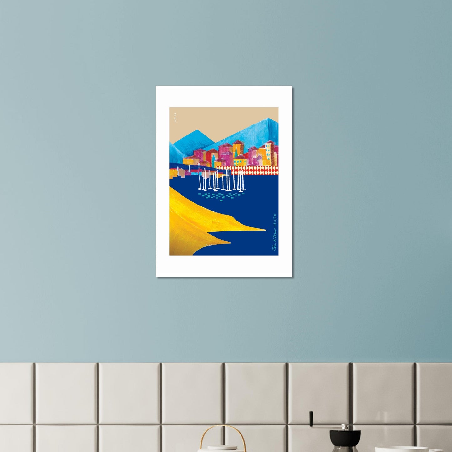 Colourful Seaside Landscape Art, Travel Poster Of The French Riviera: Aluminum Art Print