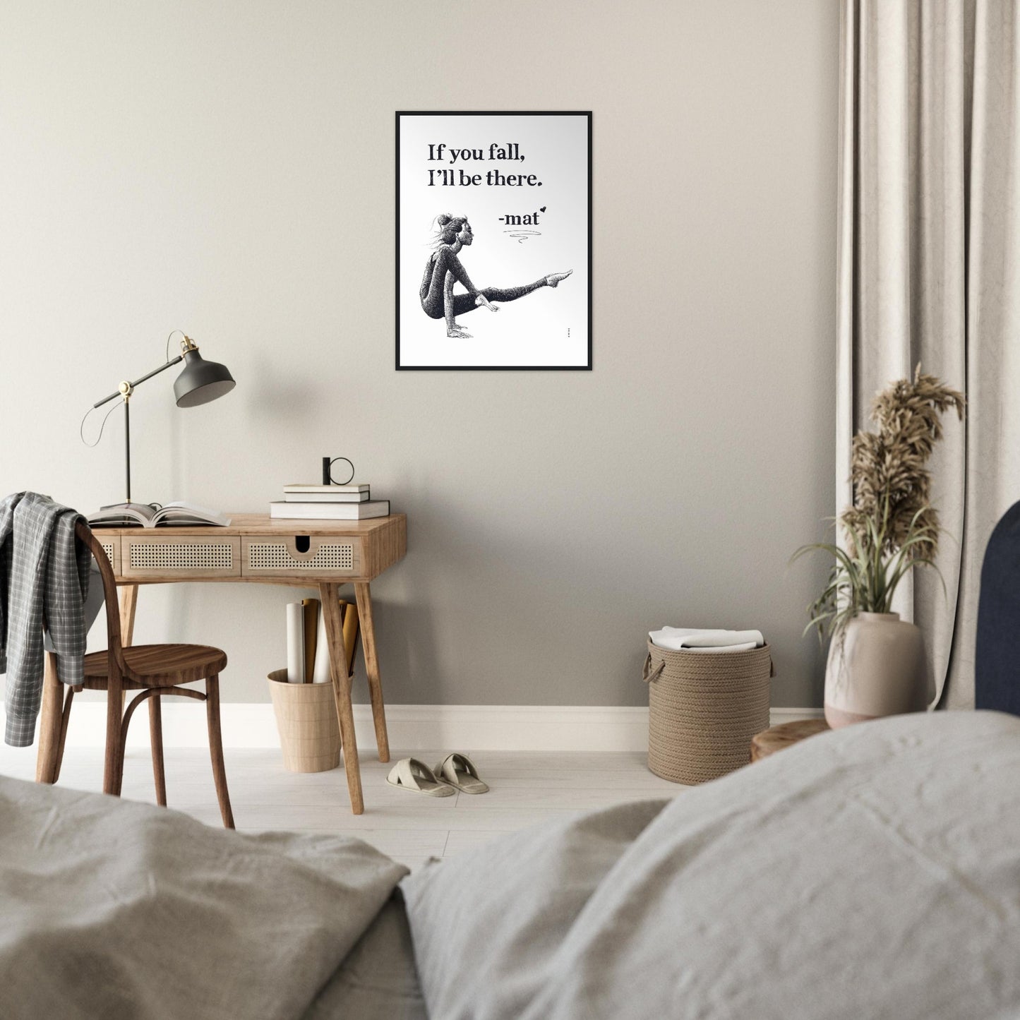If You Fall, I'll Be There: Yoga Pose Art: Black And White Framed Print