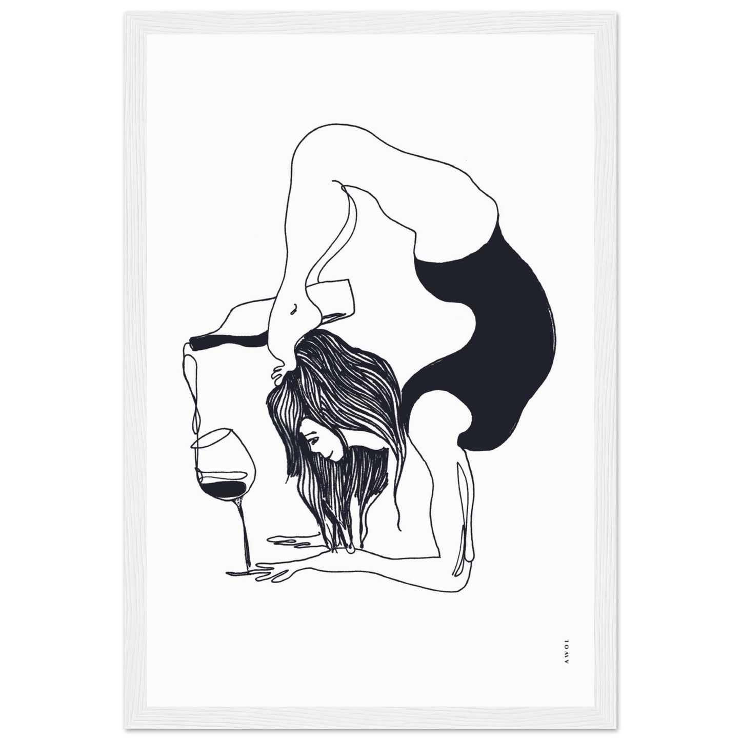 Funny Black And White Yoga Art Print In Wooden Frame With Wine And Balance Yoga Pose