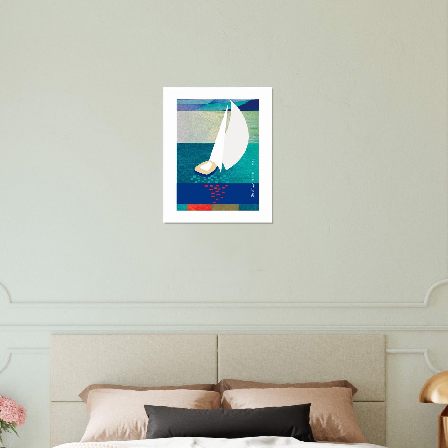 White Sailboat At Sunset On The Sea With Graphic Reflection: French Rivera Classic Matte Paper Poster