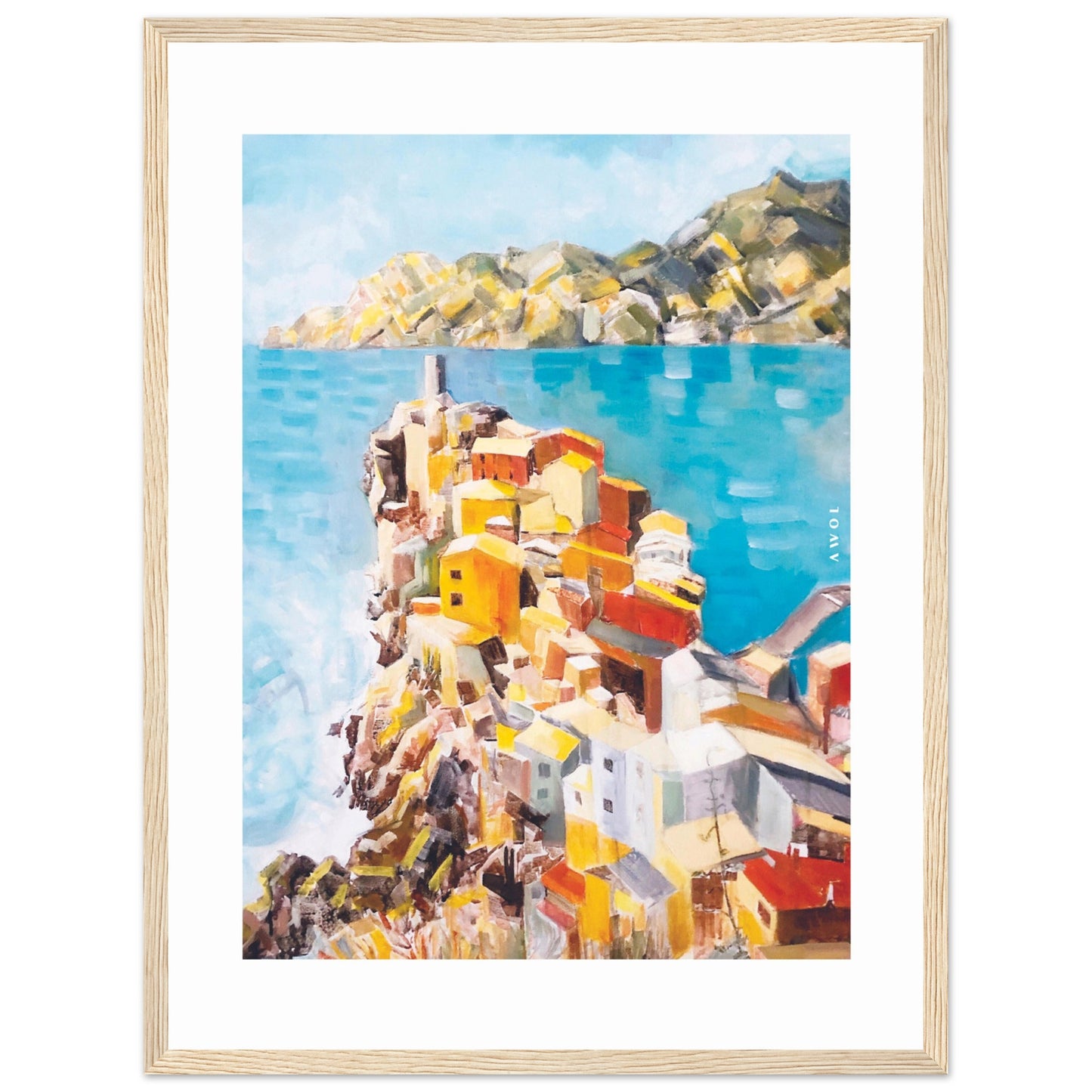 Colourful Town On A Cliff By The Sea In Italy: Italian Riviera Framed Art Print