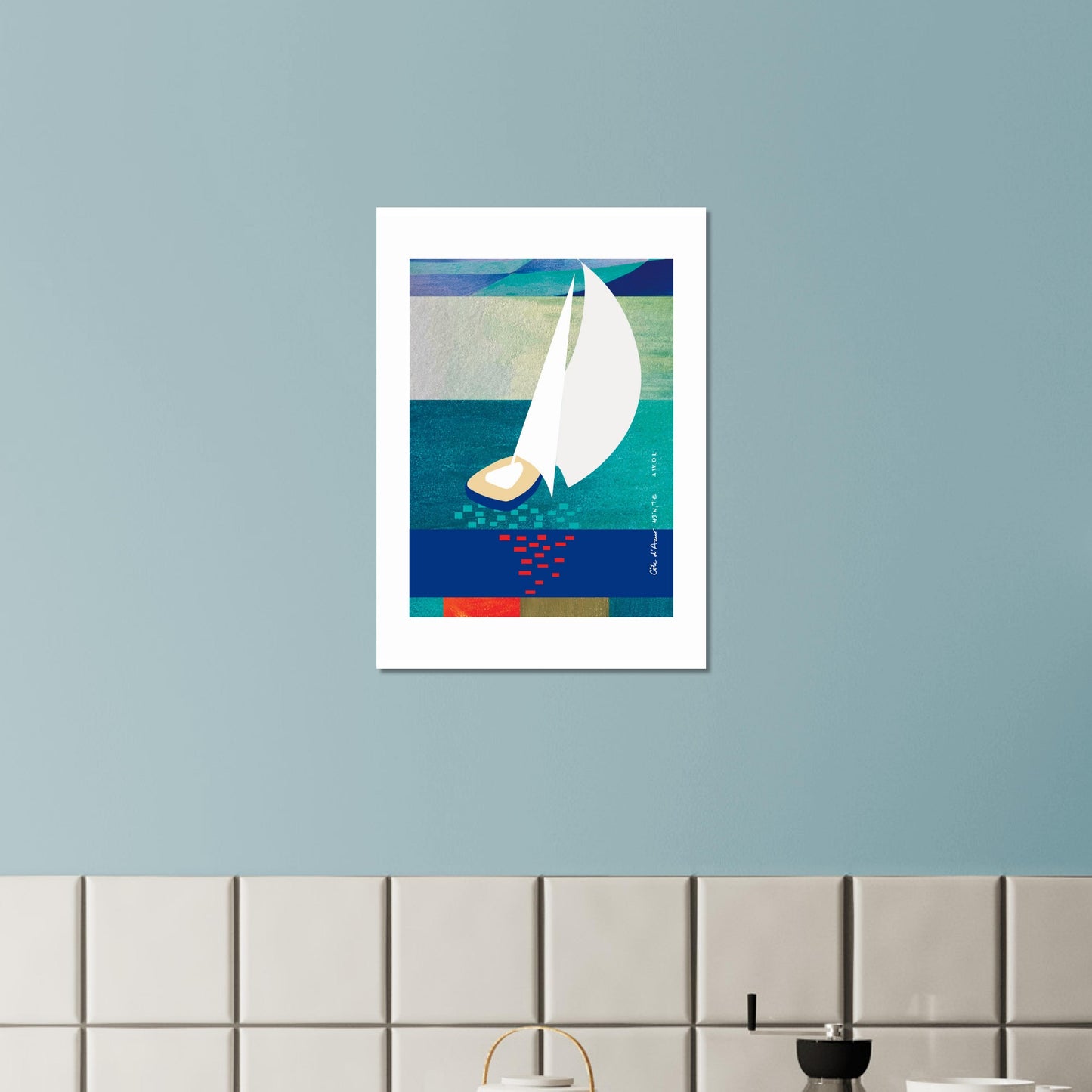 White Sailboat At Sunset On The Sea With Graphic Reflection: French Rivera Aluminum Print