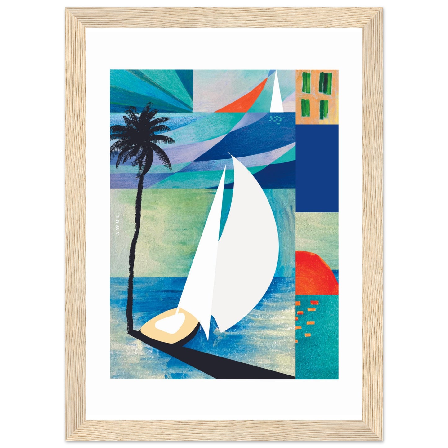 Sunrise, Sailboat And Palm Tree Beach, Sea Art : Framed Art Print