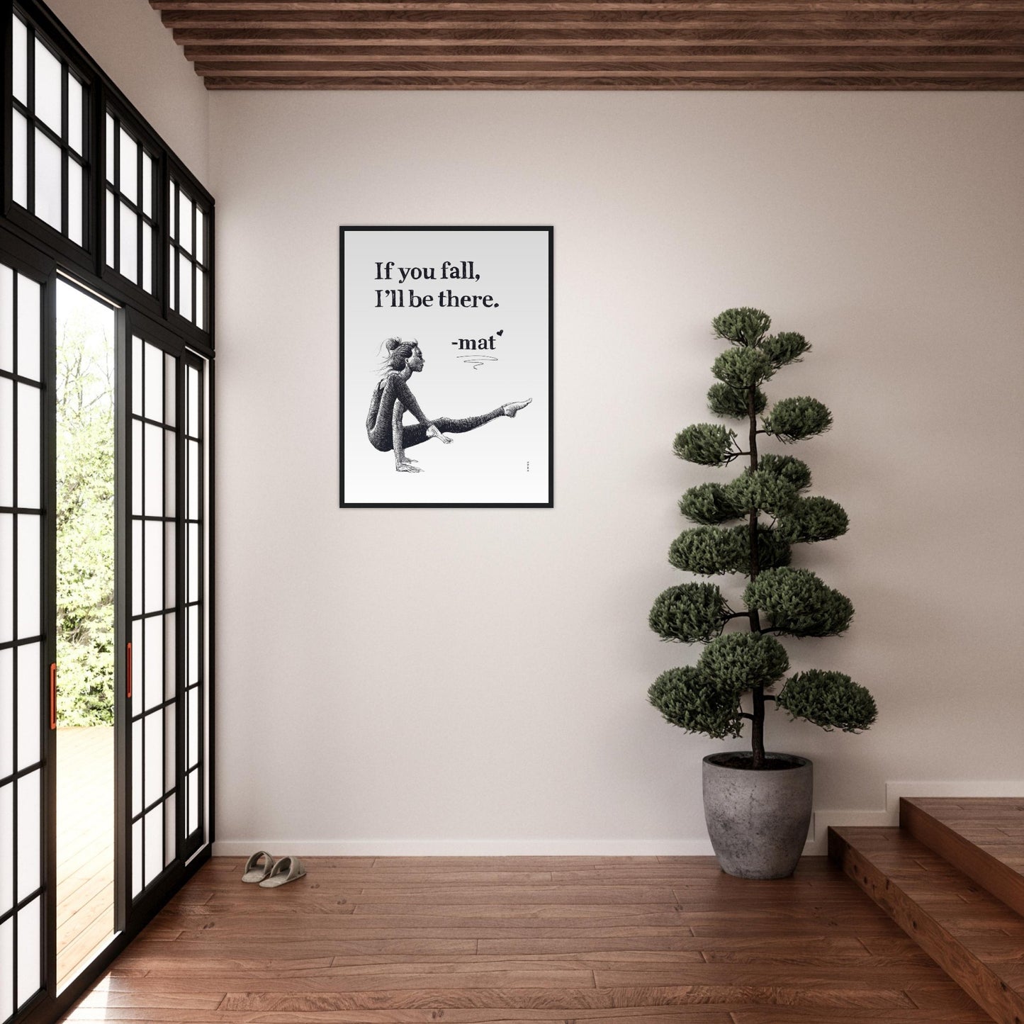 If You Fall, I'll Be There: Yoga Pose Art: Black And White Framed Print