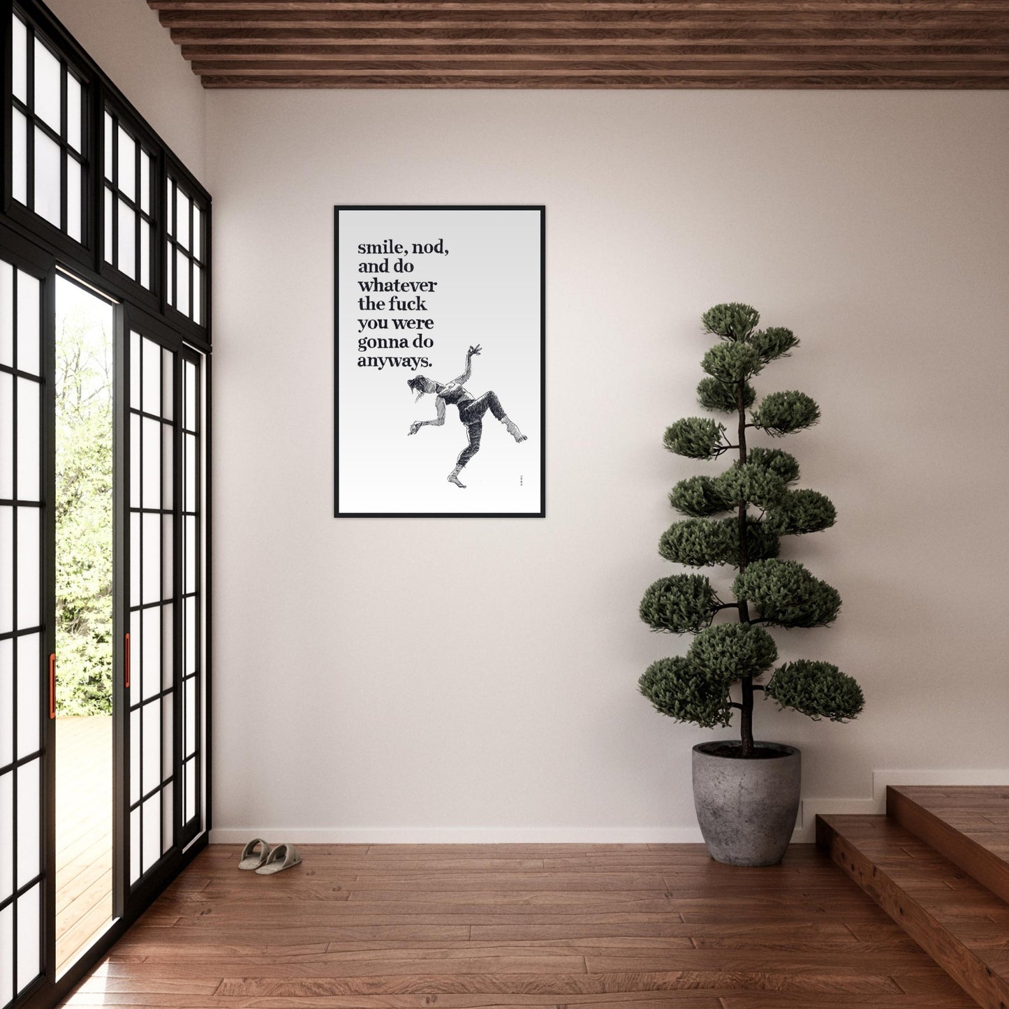 Smile And Nod, Dancing Woman With Funny Quote: Framed Art Print