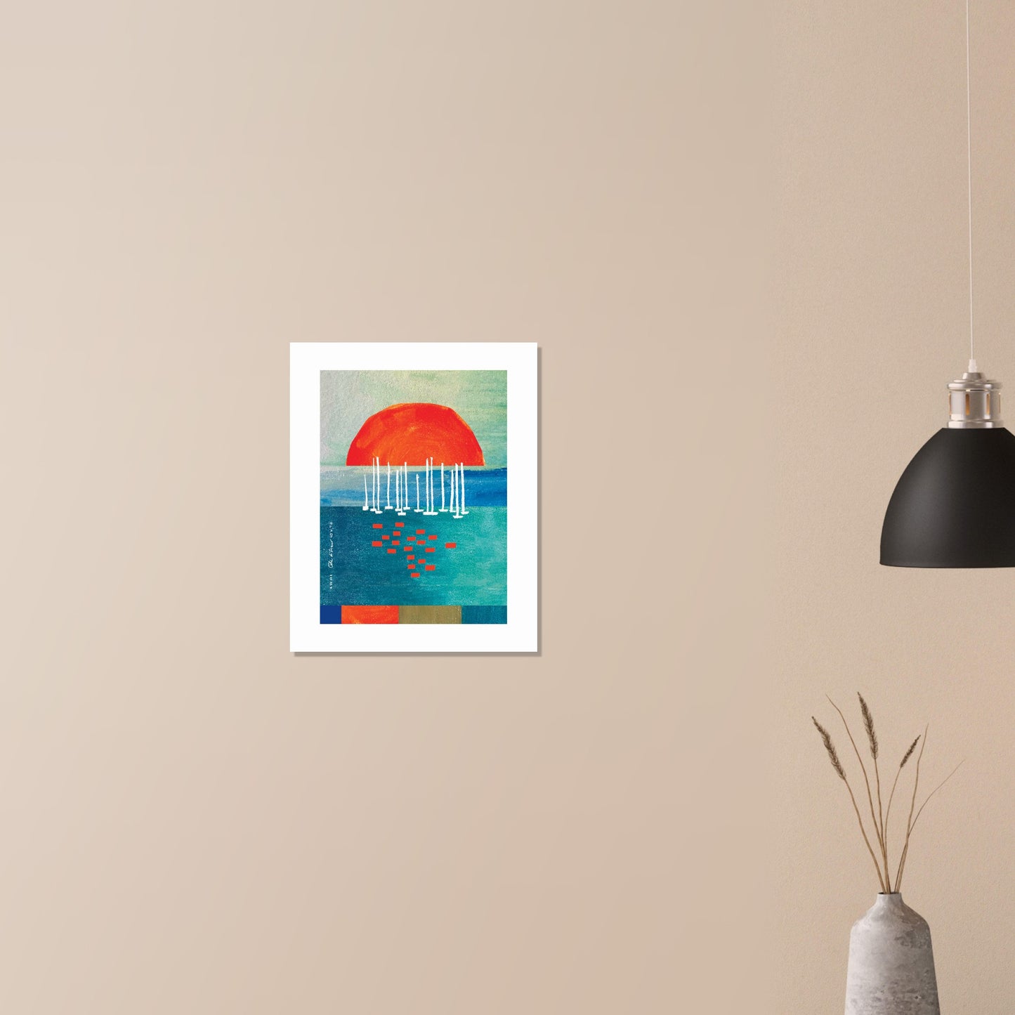 Orange Sunrise Over Blue Sea, Water Reflections And Sailboats: Poster Print